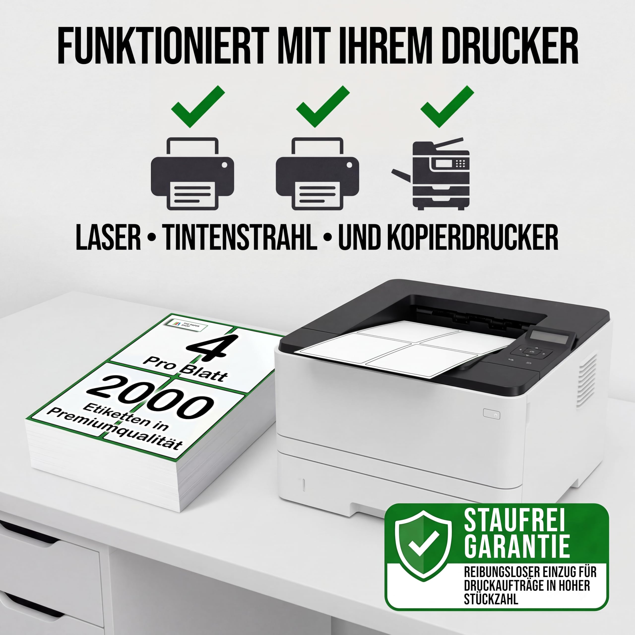 The Paper Shop Selbstklebende Etiketten A4 Vierfachbogen - 4 pro Blatt Weiß (2000 Etiketten) | Großpack Adressetiketten Bedruckbar für Laser- und Tintenstrahldrucker | Versand Paket FBA