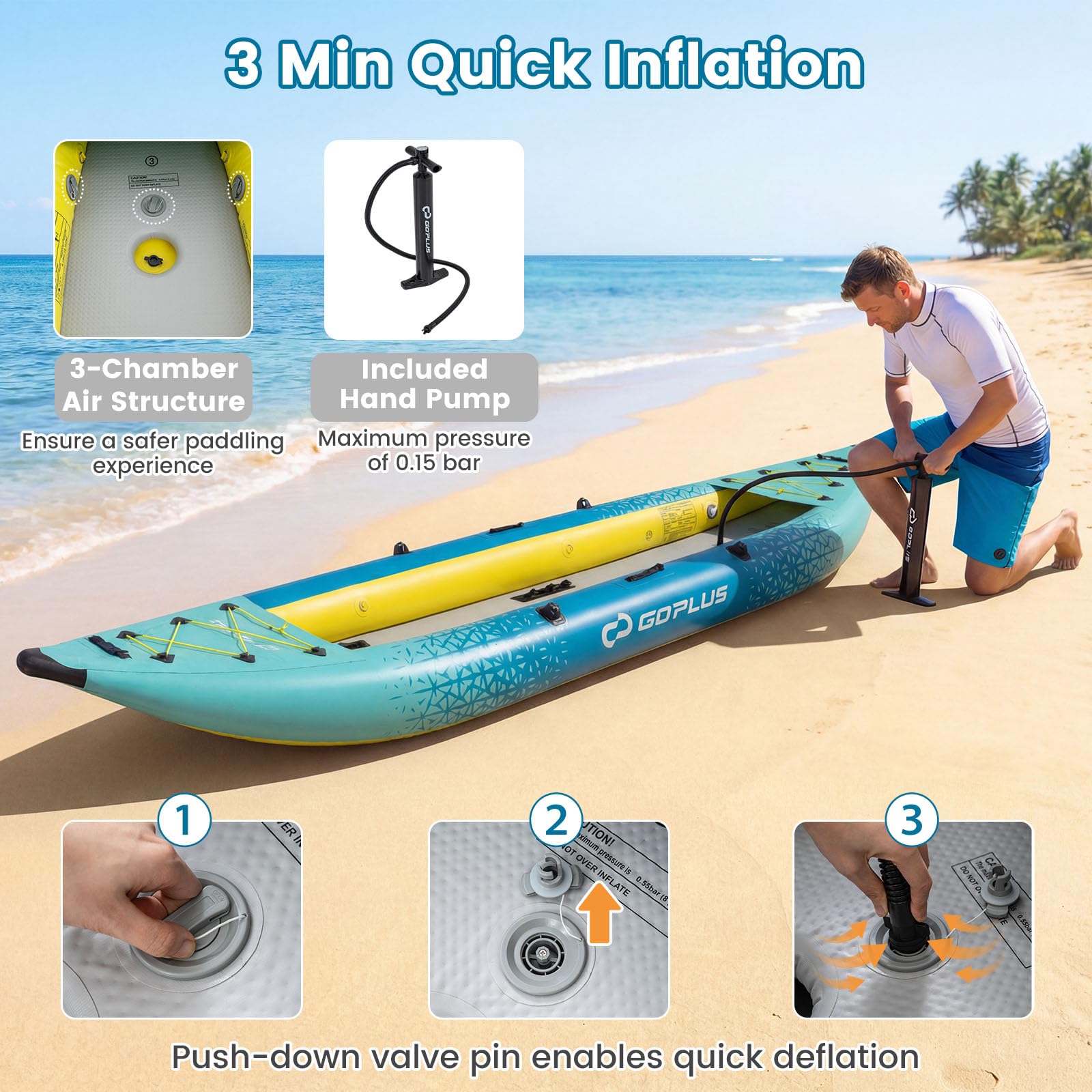 FANTASK kajak aufblasbar, Schlauchboot 2 Personen mit Aluminiumrudern, aufblasbares Kanu gepolstertem Eva-Sitz, Handpumpe & Reparaturset, Kayak 230 kg Gewichtskapazität mit Tragetasche (Türkisblau)