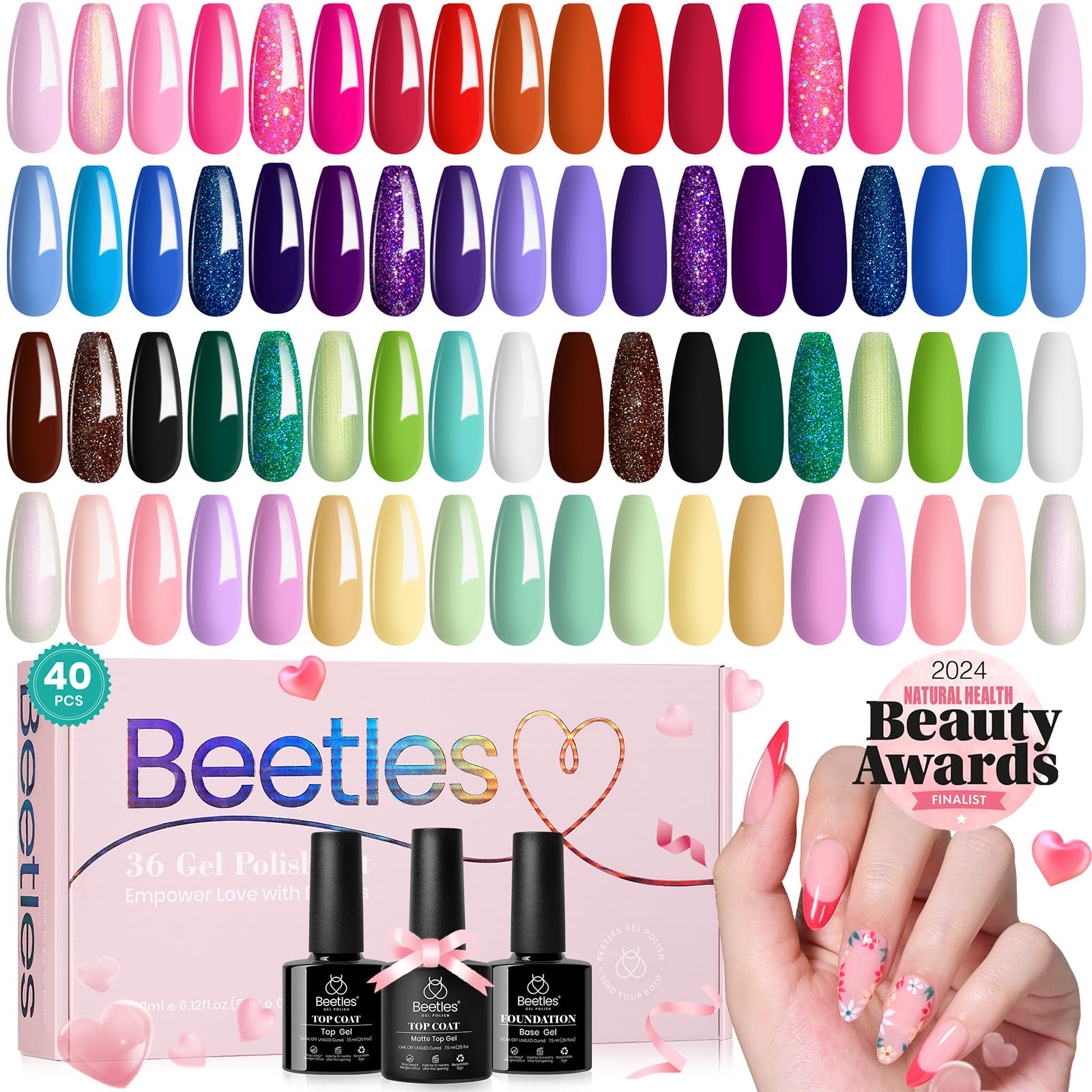 beetles Gel Polish Set 36 Colors Verse of Flower Collection Spring Summer Gel Nail Polish Pink Red Green Blue Gel Polish with 3Pcs Base Top Coat Soak off UV Gel & Nail Art Stickers Gifts for Women