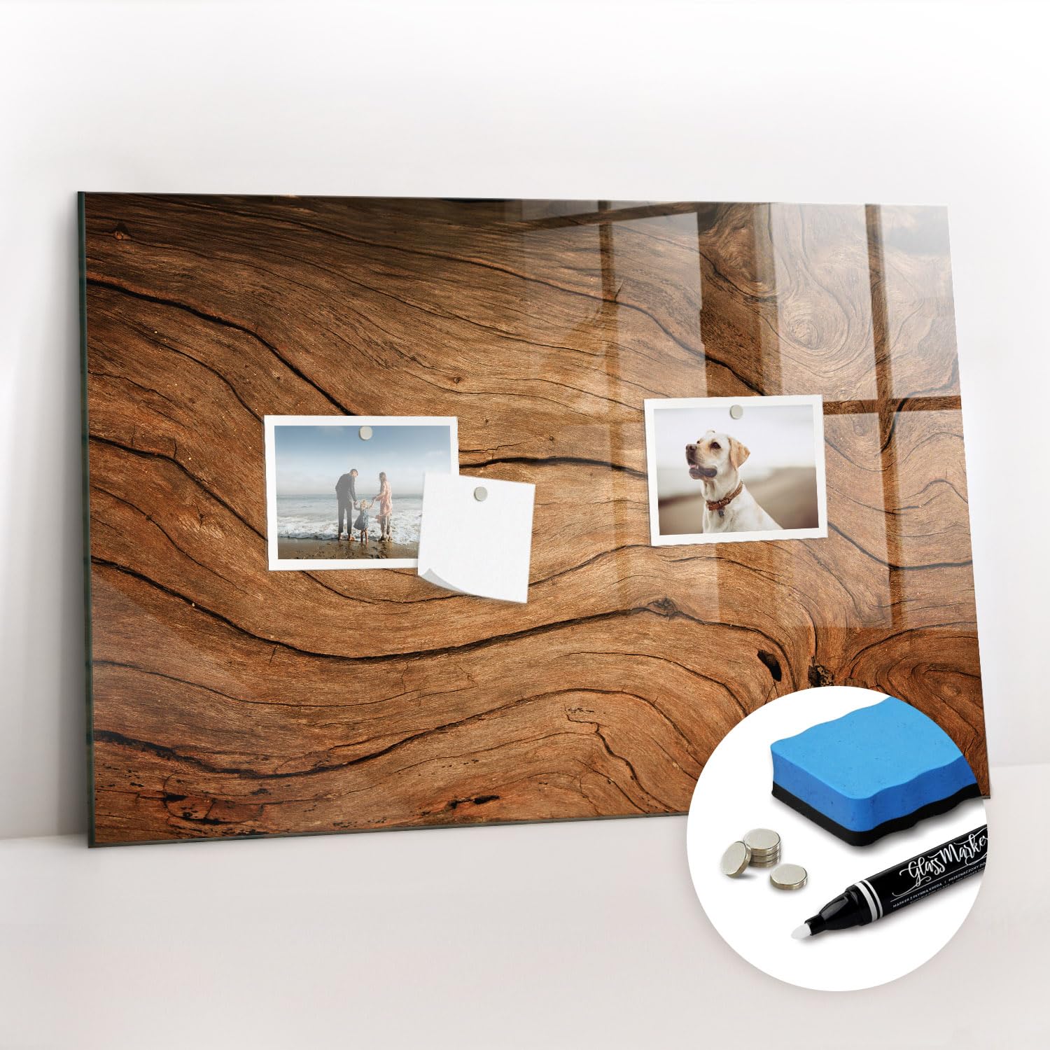 Magnettafel Glas Design | Neodym-Magnete + Marker & Schwamm inklusive | Kratzfeste Schreibfläche | Ideal für Organisation im Büro, Küche & Homeoffice- 60x40 - Altes Holz