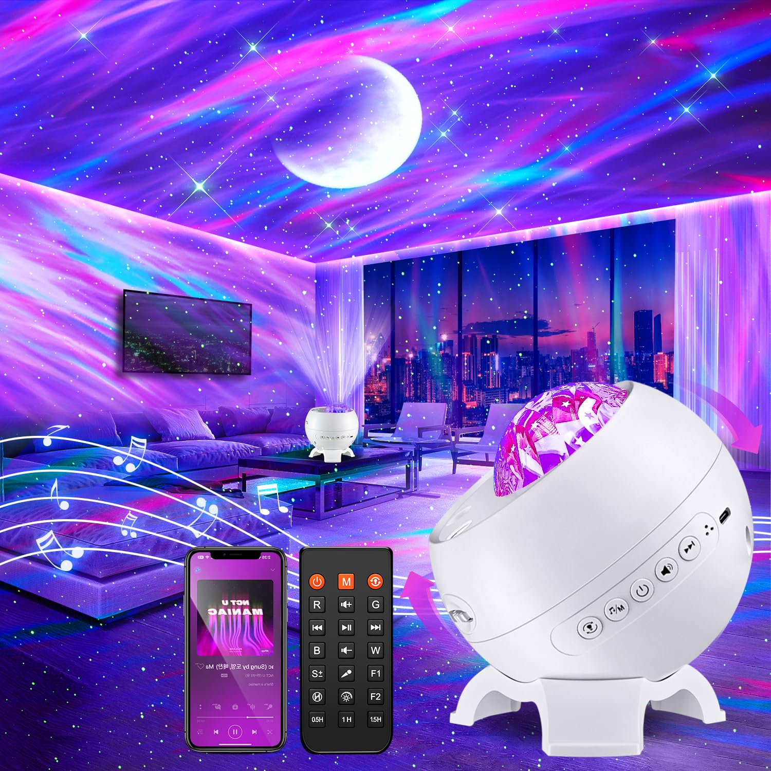 Coolnight White Starry Sky Projector For Kids, 180 Lighting Modes, Starry Sky Projector, Starry Sky Projector, Star Projector, 8 Lighting Modes Night Light, Bluetooth Night Light, Starry Sky