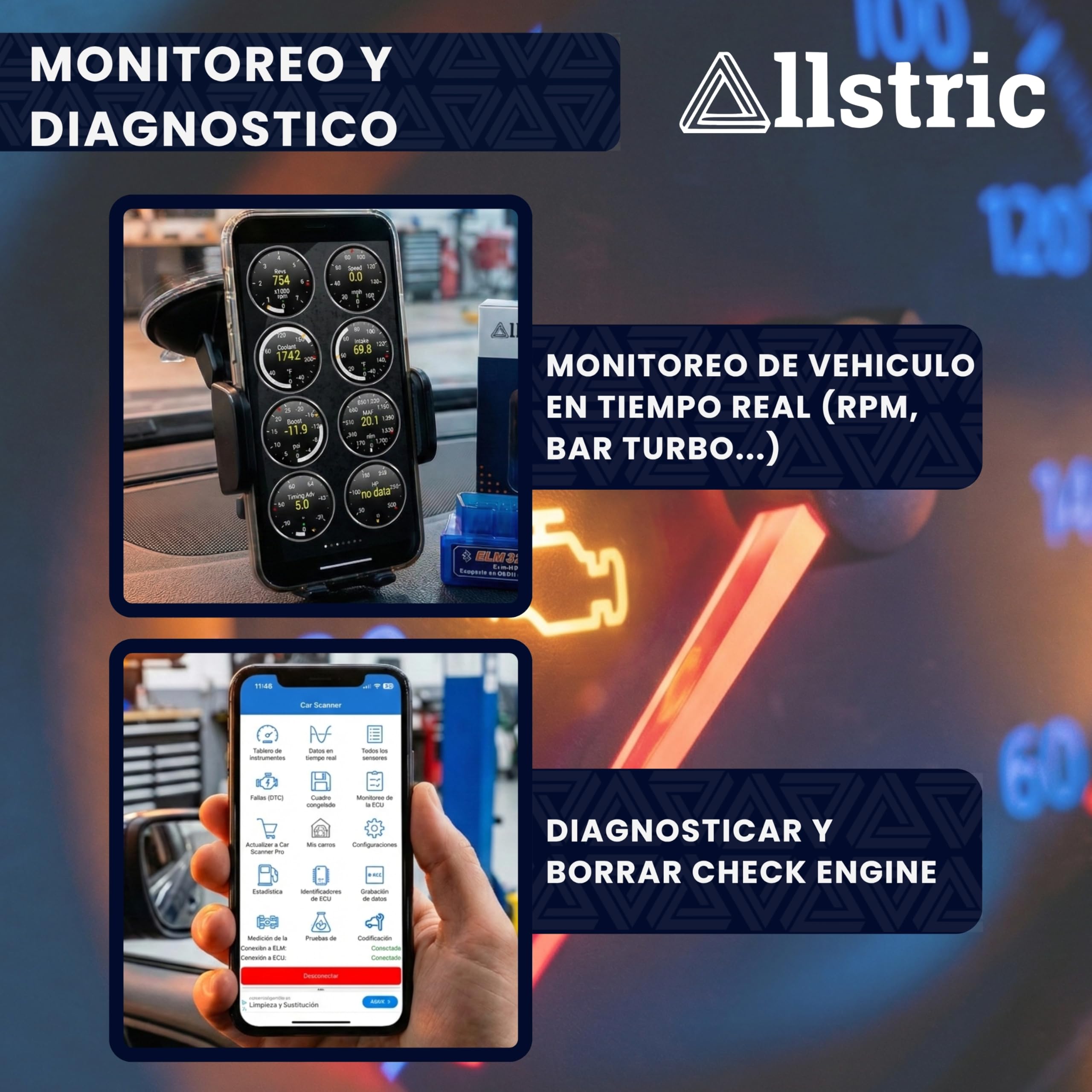 Obd2 Diagnosis Coche Multimarca. ELM 327 Lector y Herramienta de Análisis y Diagnostico. Obd2 Bluetooth OBD Original para Escaner. Maquina Diagnosis Coche de Fallos y Errores.