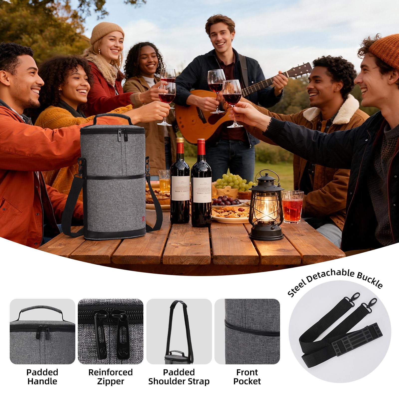ALLCAMP 2 Bottle Wine Tote Carrier - Insulated Portable Padded Canvas Wine Bag for Travel, BYOB Restaurant, Wine Tasting, Party, Great Christmas Day Gift for Wine Lover，Gray