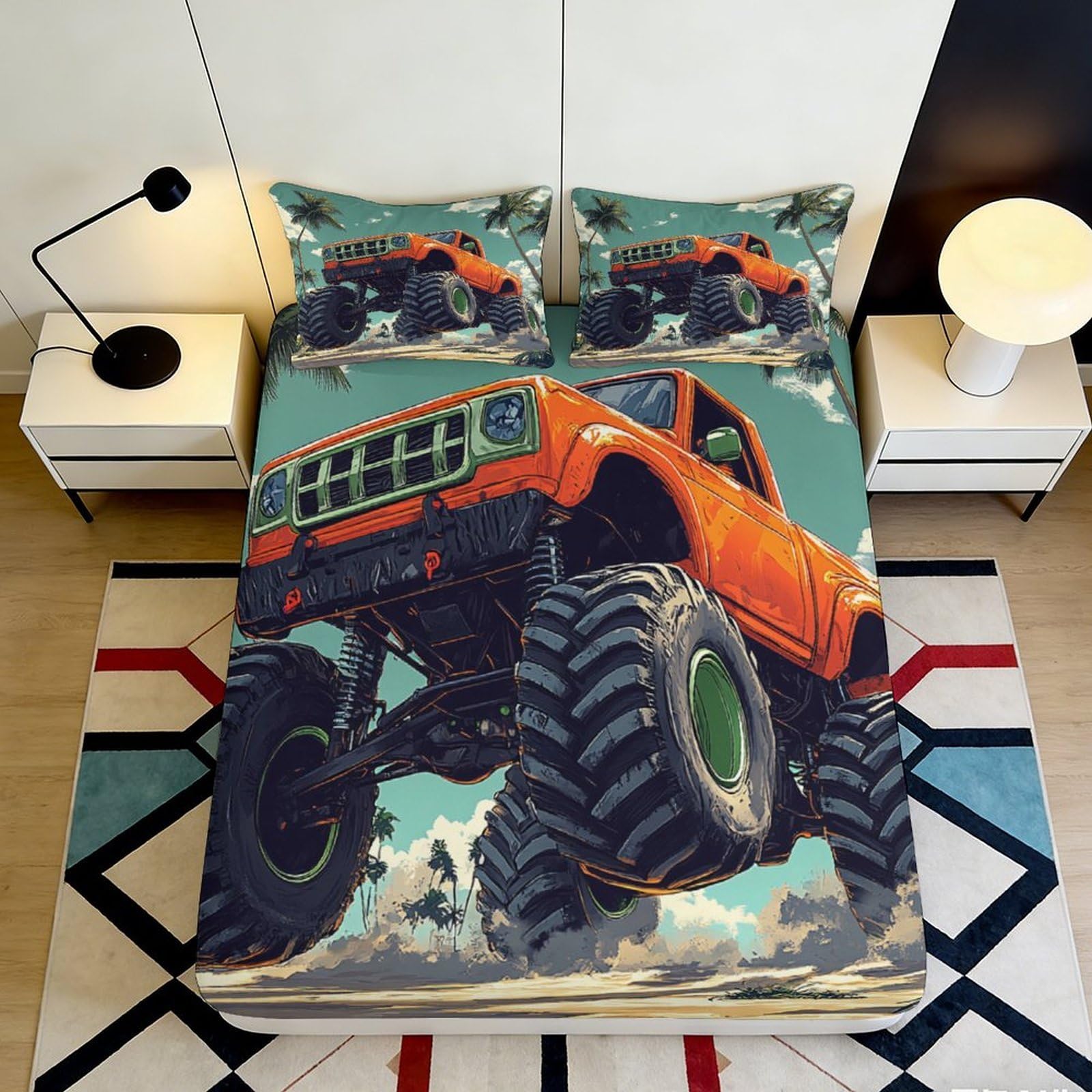 3D Printed Orange Monster Truck Fitted Sheet Microfiber Fun Bed Cover For Bedroom Dorm Mattress Protector 120x200x25cm