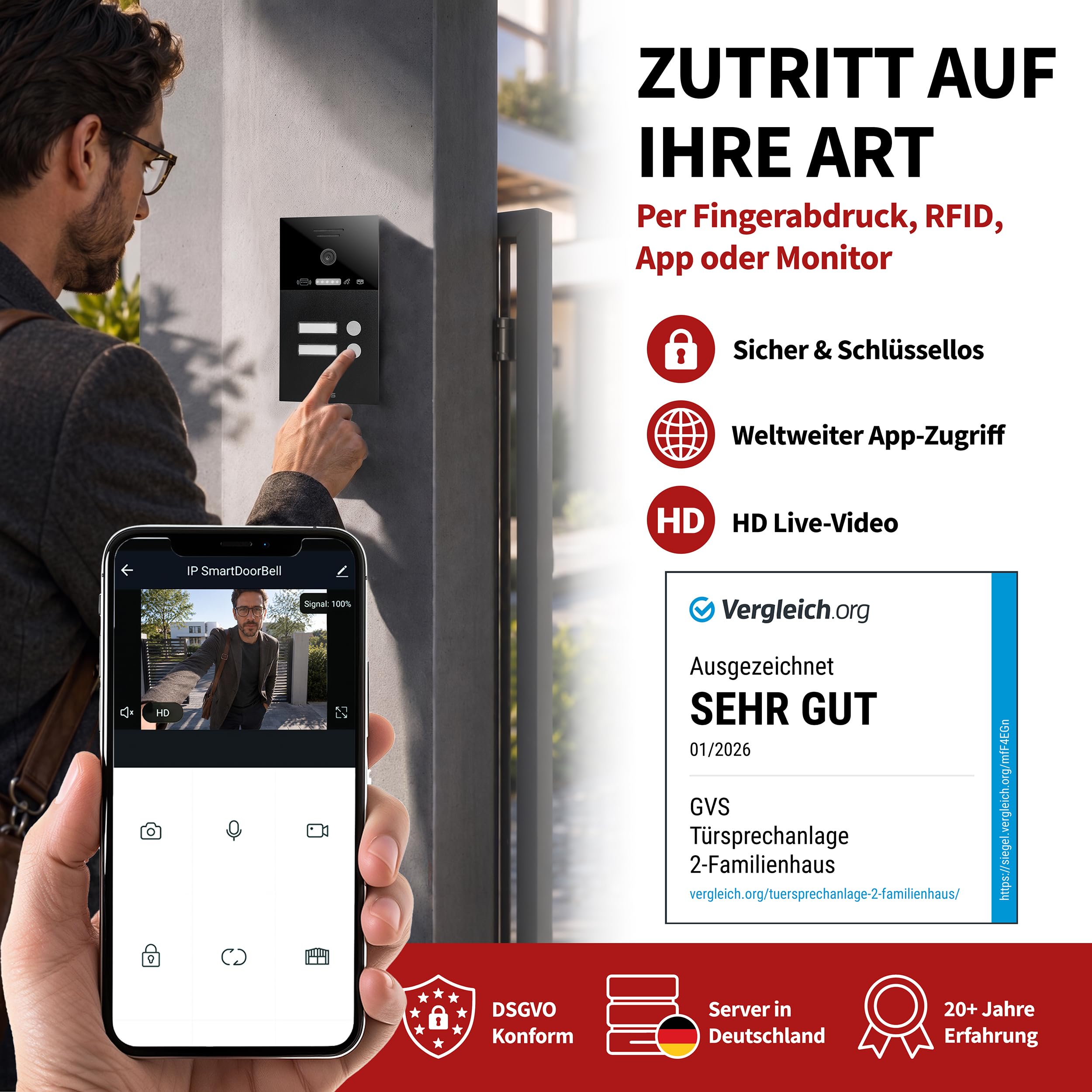 GVS Video Türsprechanlage 2-Familienhaus - RFID + Fingerprint - 2X 7 Zoll