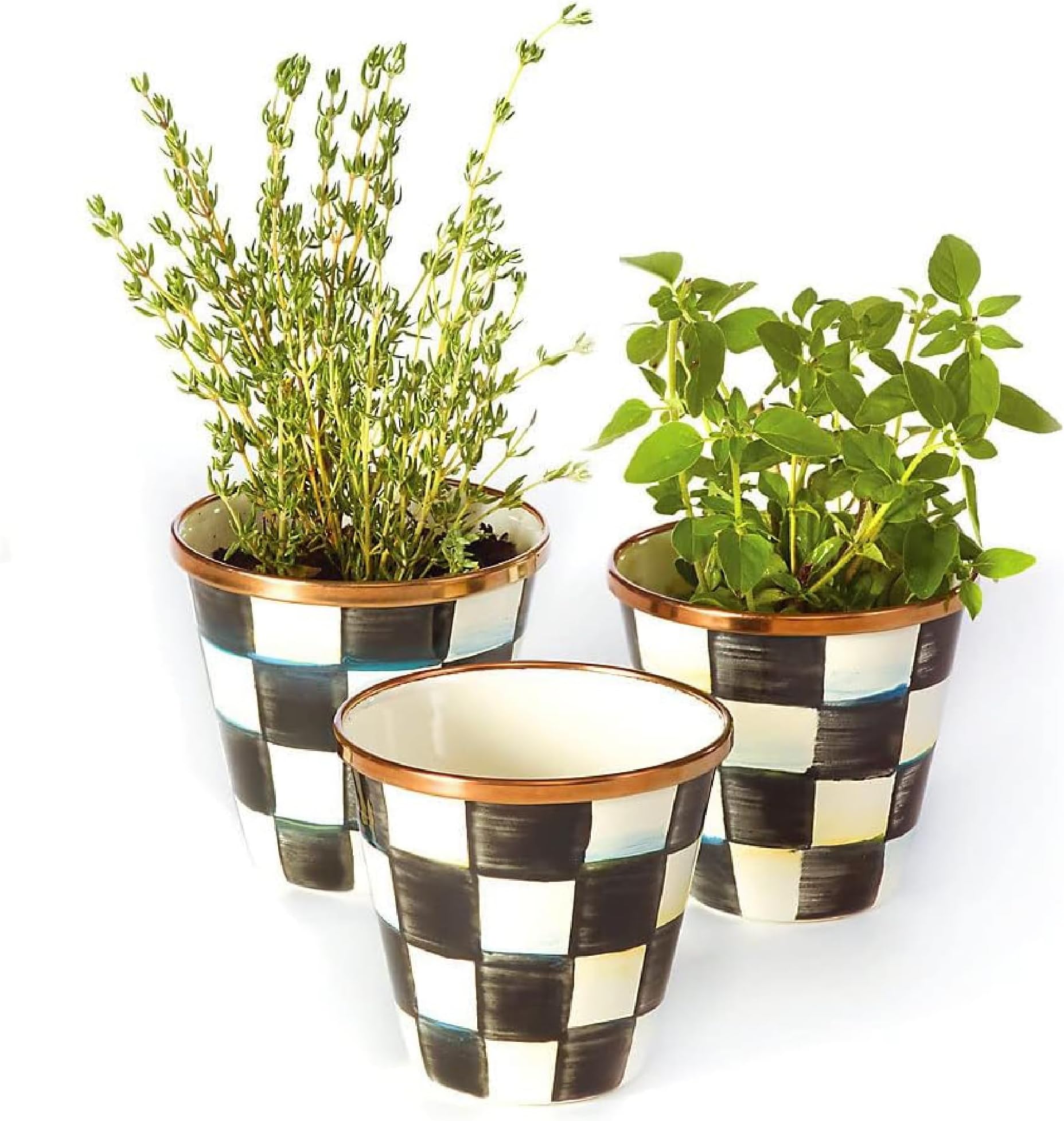 Enamel Herb Pots, Small Plant Pots for Herbs or Flowers, Set of 3, Black-and-White Courtly Check