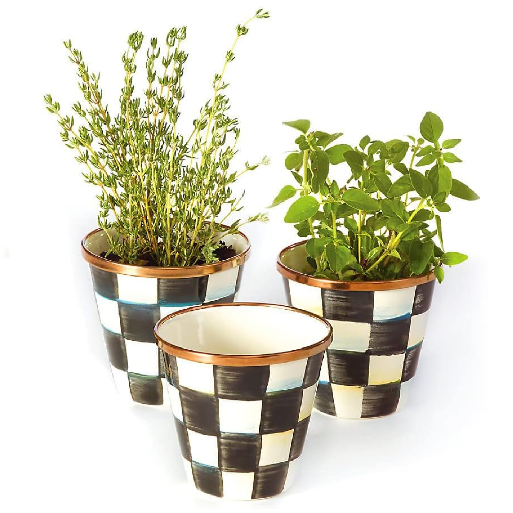 MACKENZIE-CHILDSEnamel Herb Pots, Small Plant Pots for Herbs or Flowers, Set of 3, Black-and-White Courtly Check