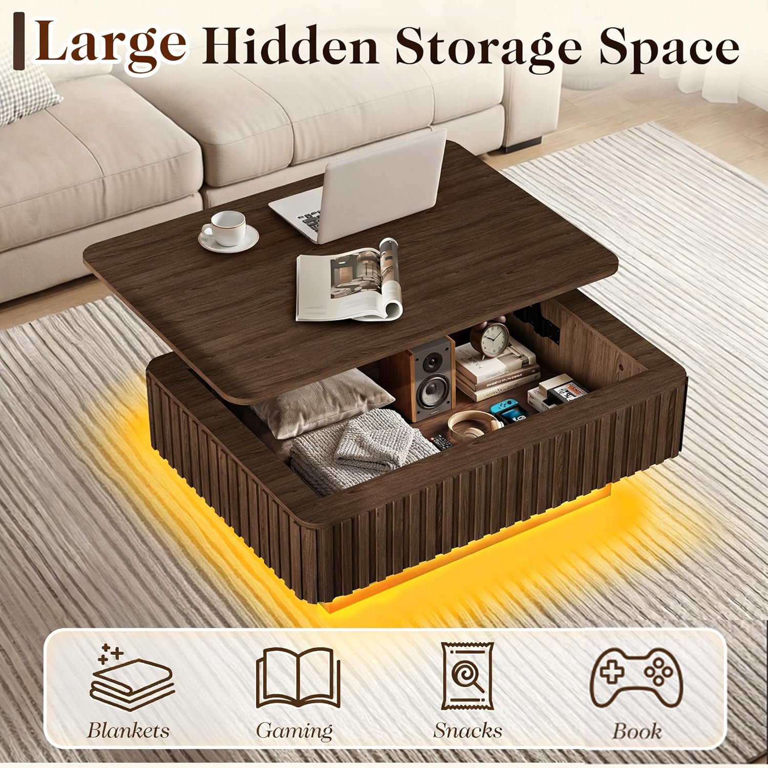 TITIMO Fluted Lift Top Coffee Table with Charging Station, Mid Century Modern Coffee Table with Hidden Storage and LED Light, Wood Dining Tables with Lifting Top for Living Room (Rectangular)