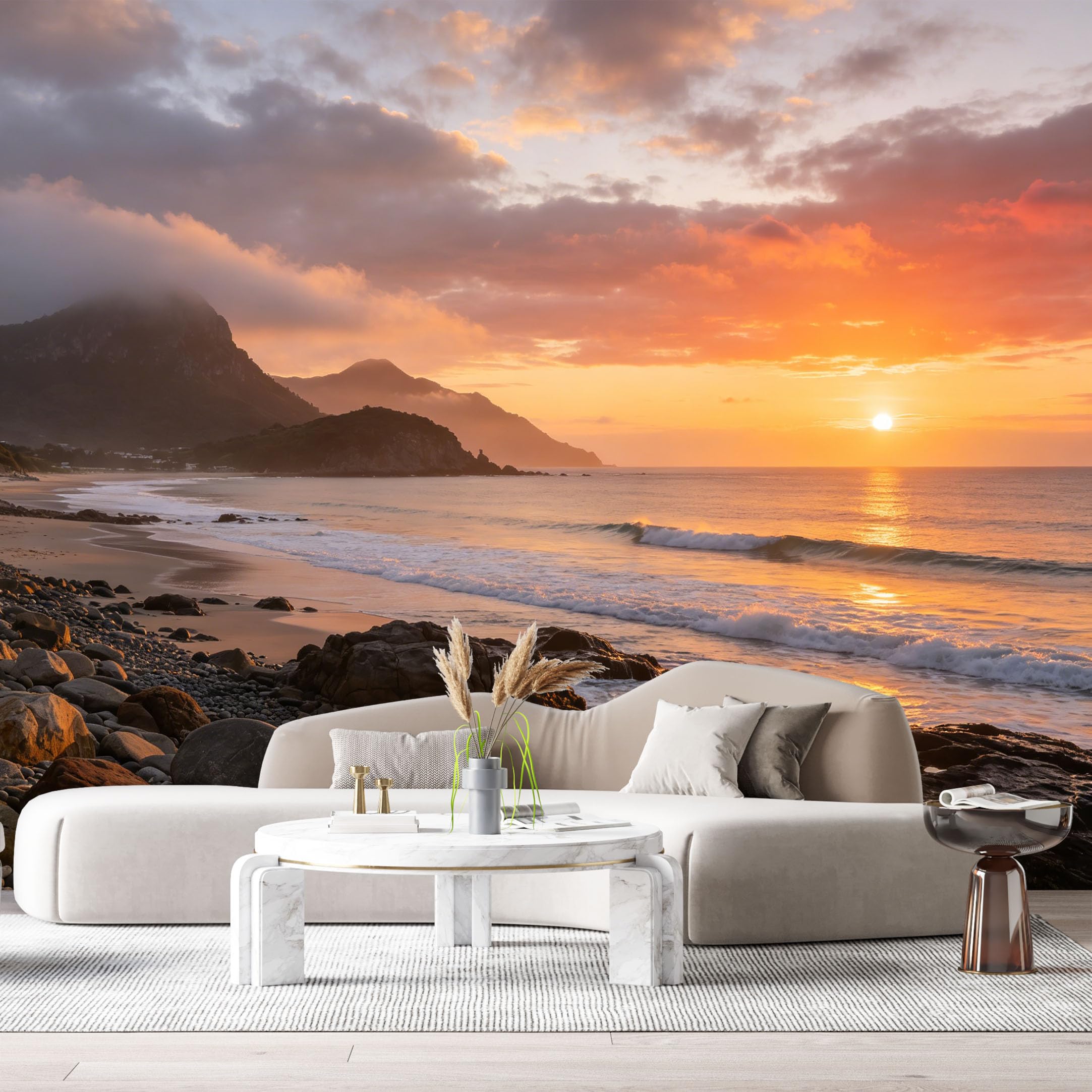 Custom Size Wall Murals Sunset Ocean Coast Mountain Landscape Coastal 3D Trompe L'Oeil SelfAdhesive Wall Fabric Removable Large Wallpaper for Photo Living Room