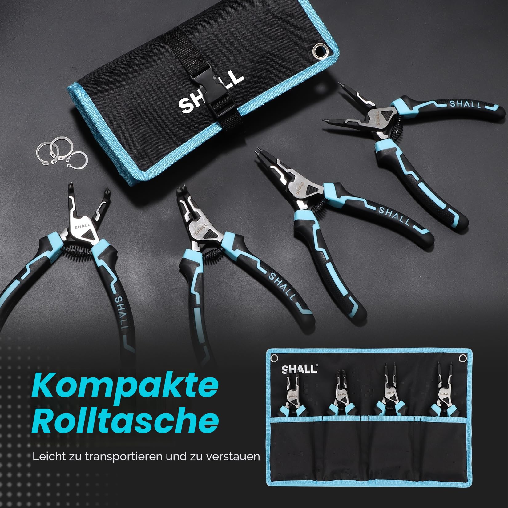 SHALL Sprengringzangen-Set, 4-teiliges robustes 7-Zoll-Sicherungsringzangen, Sicherungsringzange mit 5/64-Zoll-Spitze, umgekehrte Zange für Ringentferner-Halterung mit tragbarer Tasche