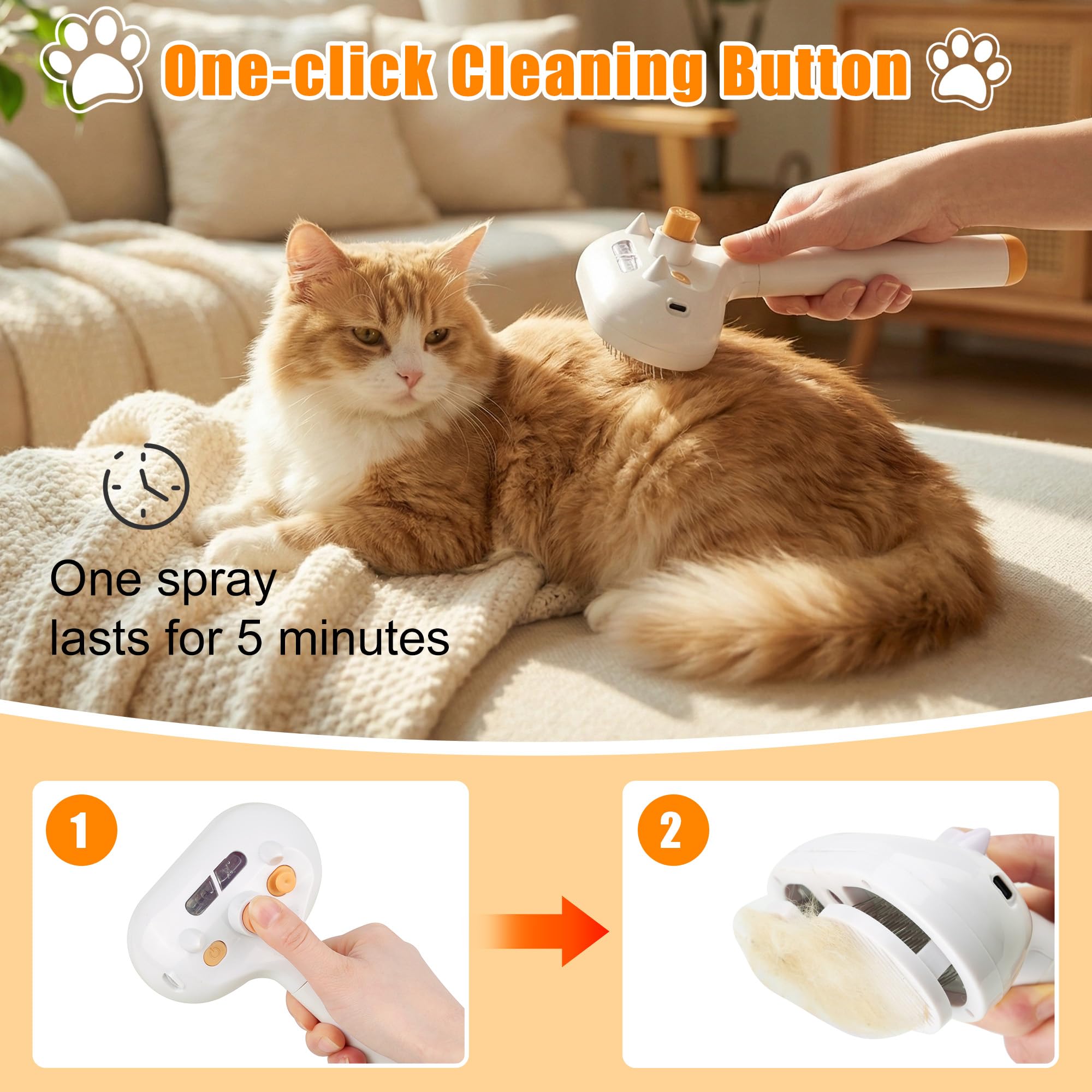 Cepillo de vapor 3 en 1 para mascotas, cepillo para perros y gatos para gatos de interior, respetuoso con la piel, cepillo de aseo autolimpiante para perros y gatos, herramienta de depilación