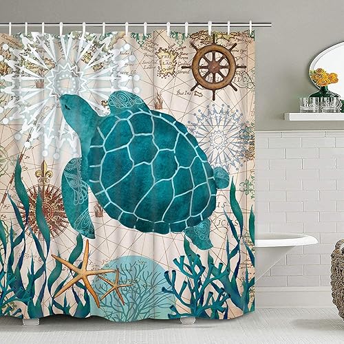 Pknoclan Sea Turtle Shower Curtain, Nautical Shower Curtain with 12 Hooks Tropical Ocean Bathtub Shower Curtain Blue Waterproof Fabric Shower Curtain for Bathroom Decoration