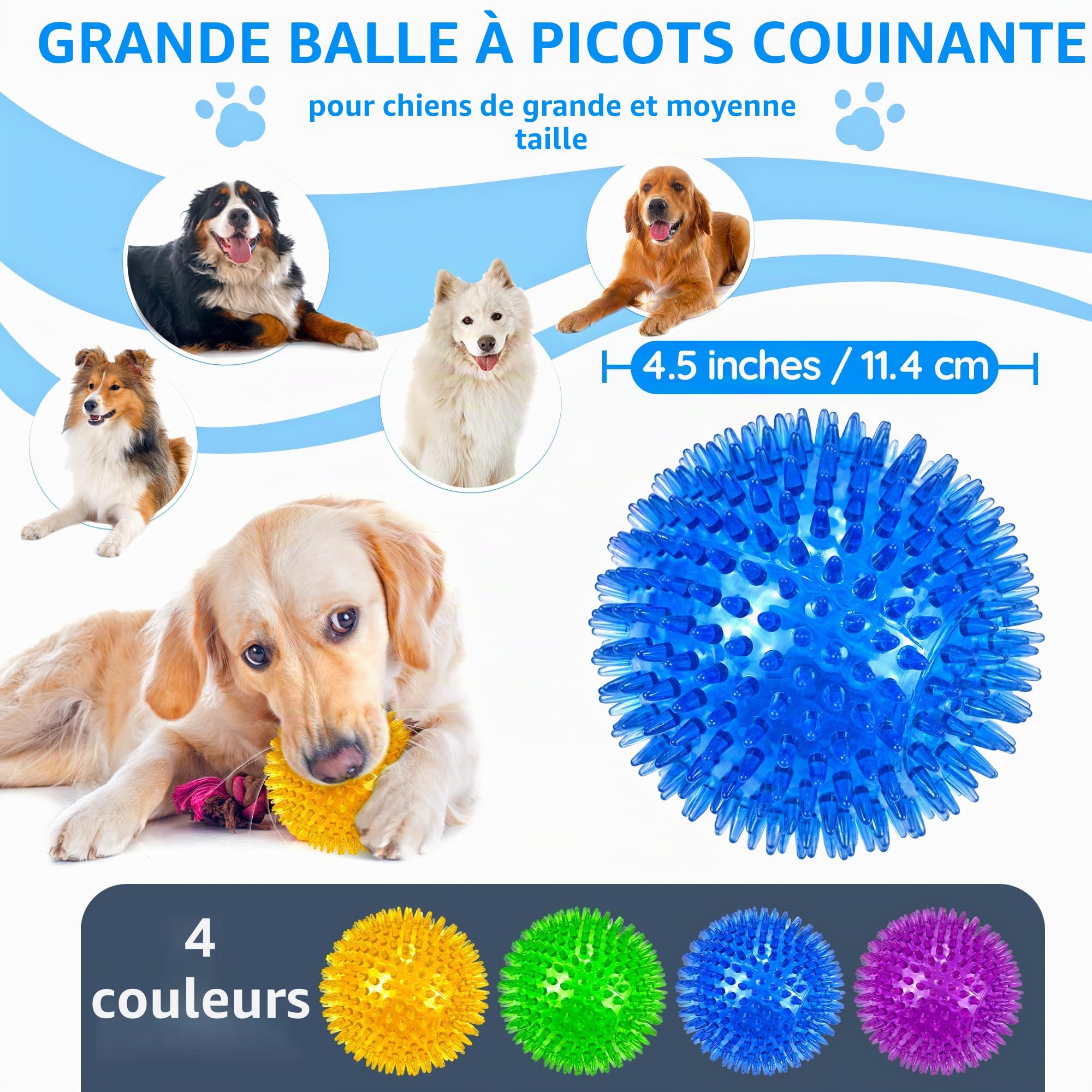 LECHONG Lot de 4 Grandes balles couinantes pour Chiens, 12 cm balles piquées résistantes, Jouet à mâcher pour Mastication Agressive, Nettoyage Dentaire et entraînement