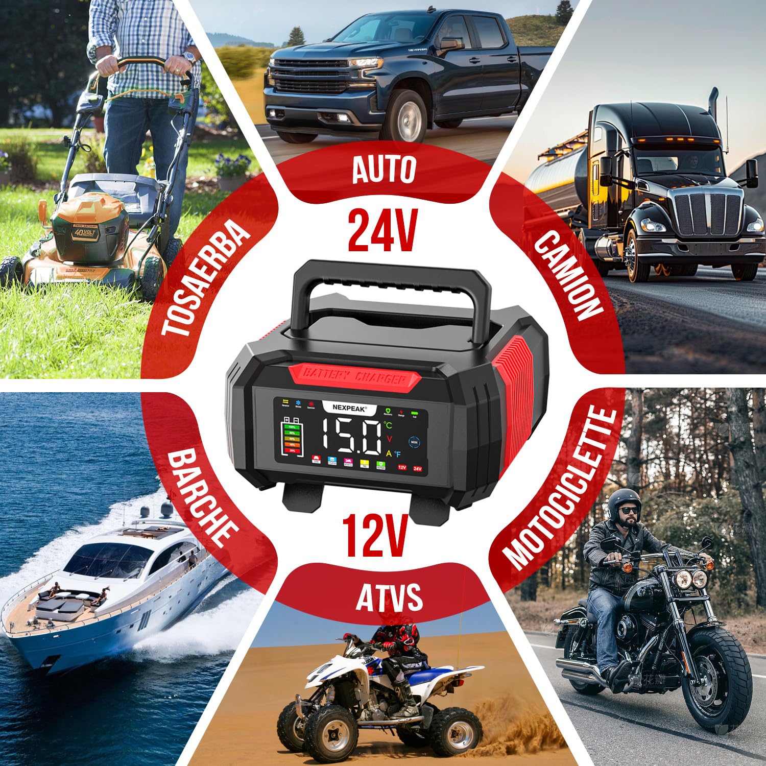 NEXPEAK NC315 Caricabatterie intelligente 12V15A/24V8A LiFePO4 AGM Gel Auto | Ricarica 9 fasi, Display LED e compensazione temperatura, Compatibile LiFePO4 e batterie piombo-acido