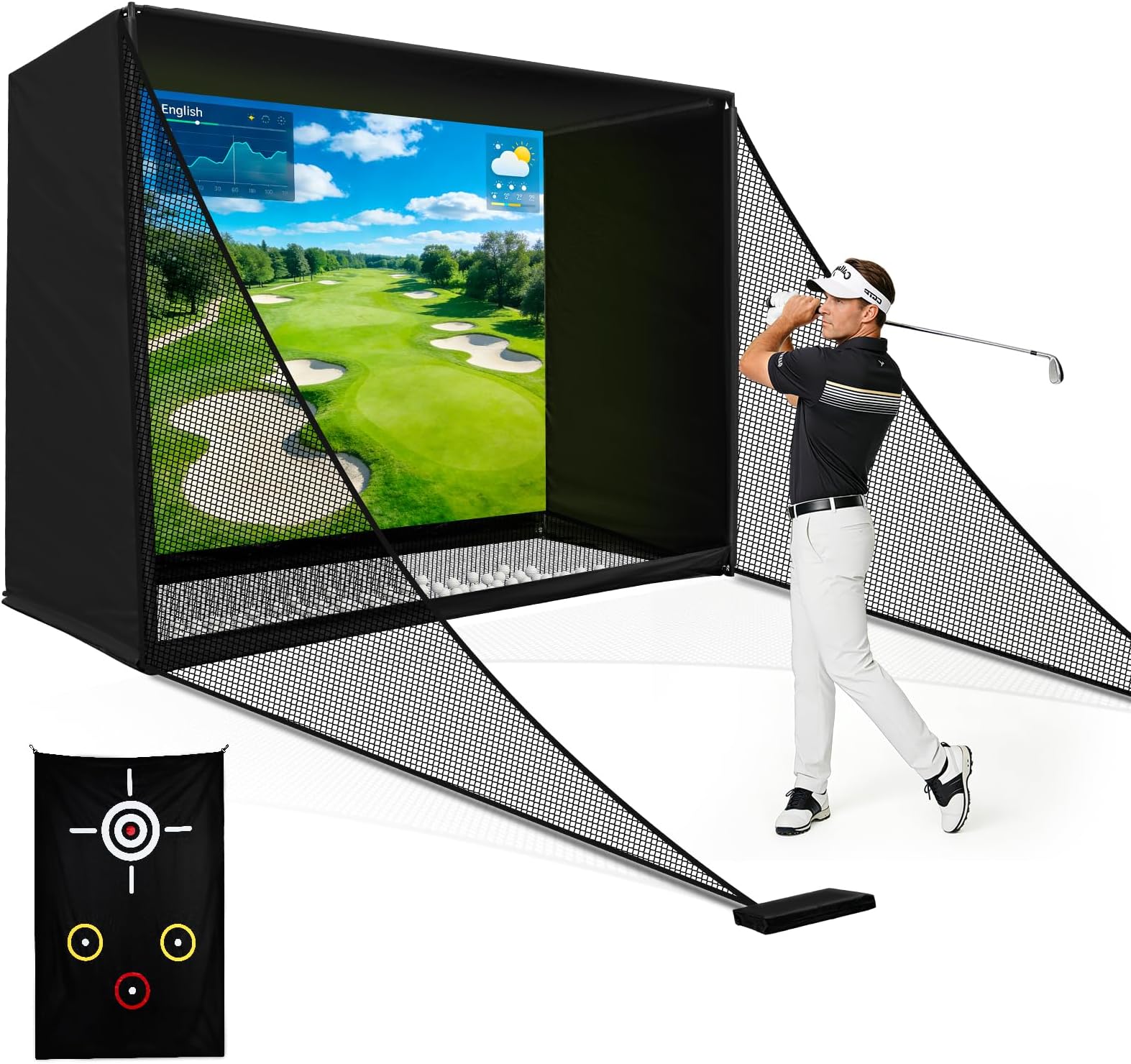 10x8ft Golf Practice Net with Target Impact Screen for Golf Simulator, Backyard Indoor Outdoor Use, For Swing & Chipping Training