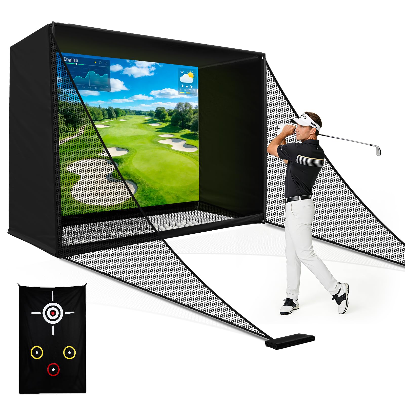 Filet d'entraînement de golf de 3 x 2,4 m avec écran d'impact cible pour simulateur de golf, utilisation intérieure et extérieure, pour l'entraînement au swing et au déchiquetage