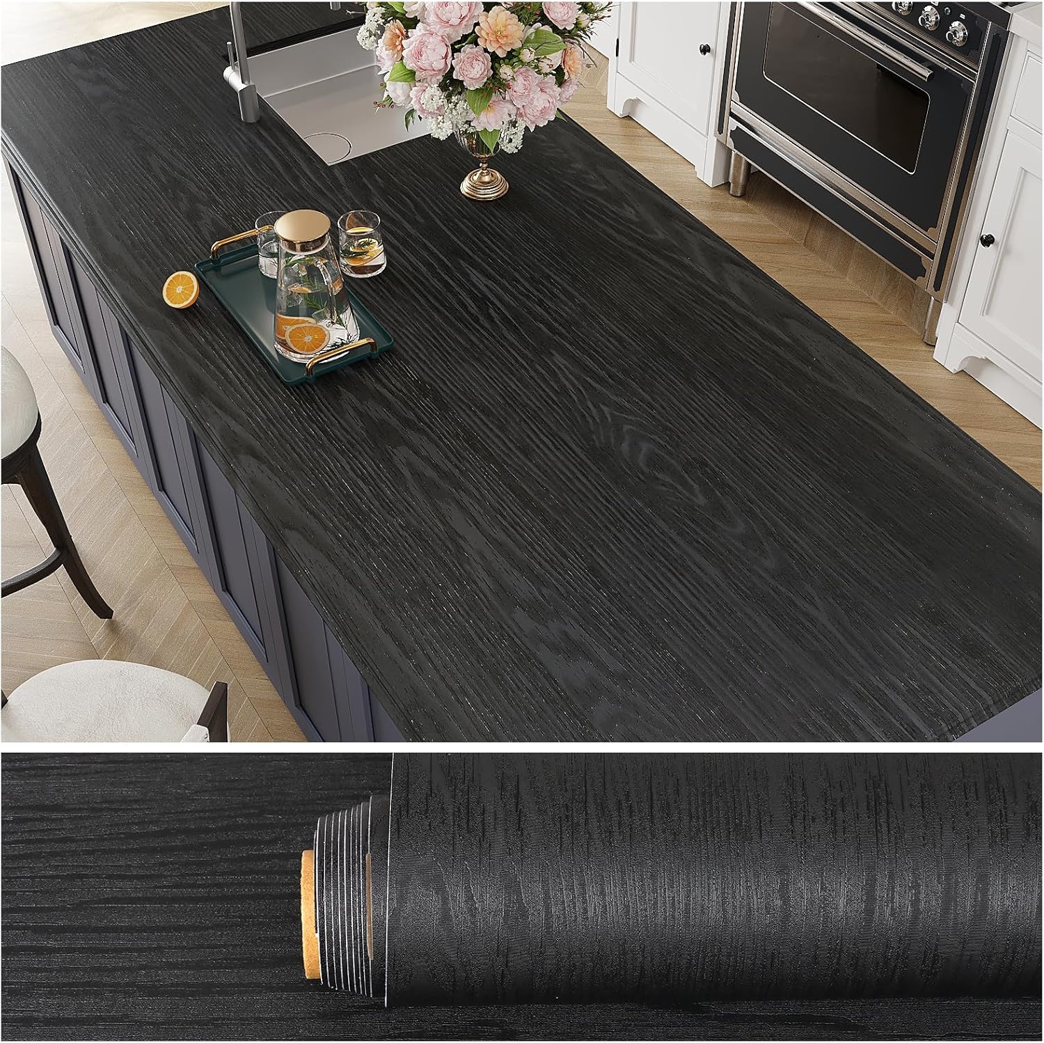 VEELIKE Thick Black Wood Contact Paper Wood Wallpaper Peel and Stick Waterproof Wood Vinyl Wrap for Kitchen 15.7''x354'' Textured Wood Grain Contact Paper for Cabinets Table Top Furniture Removable