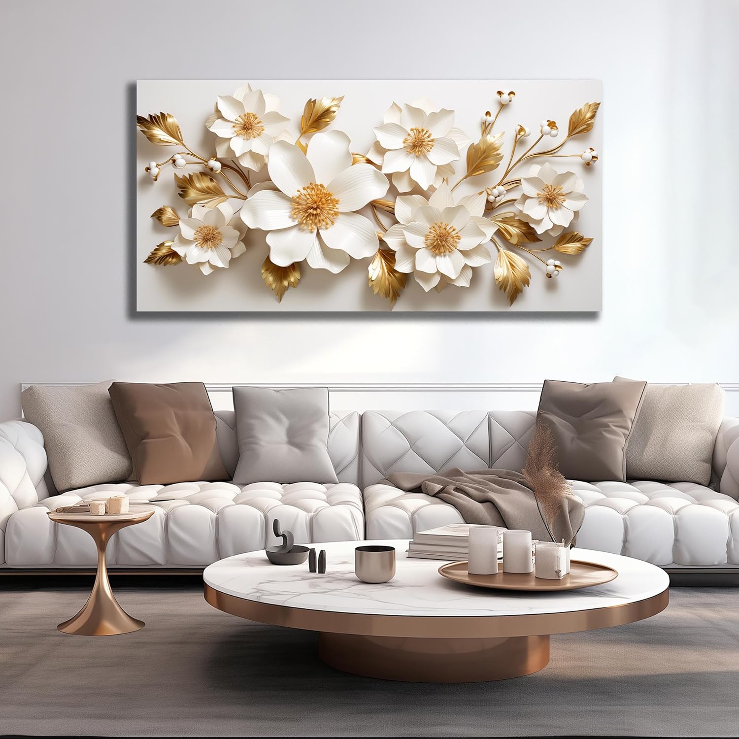 JuhaiArt Large Floral Wall Decor 3D Flower White Wall Art Elegant Gold Canvas Decor for Bedroom Living Room Office Picture Artwork 29" x 59"
