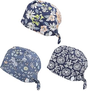 Adramata 3 Pcs Cute Printed Upgrade Working Cap with Button Sweatband Adjustable Bouffant Tie Back Hats for Women Men