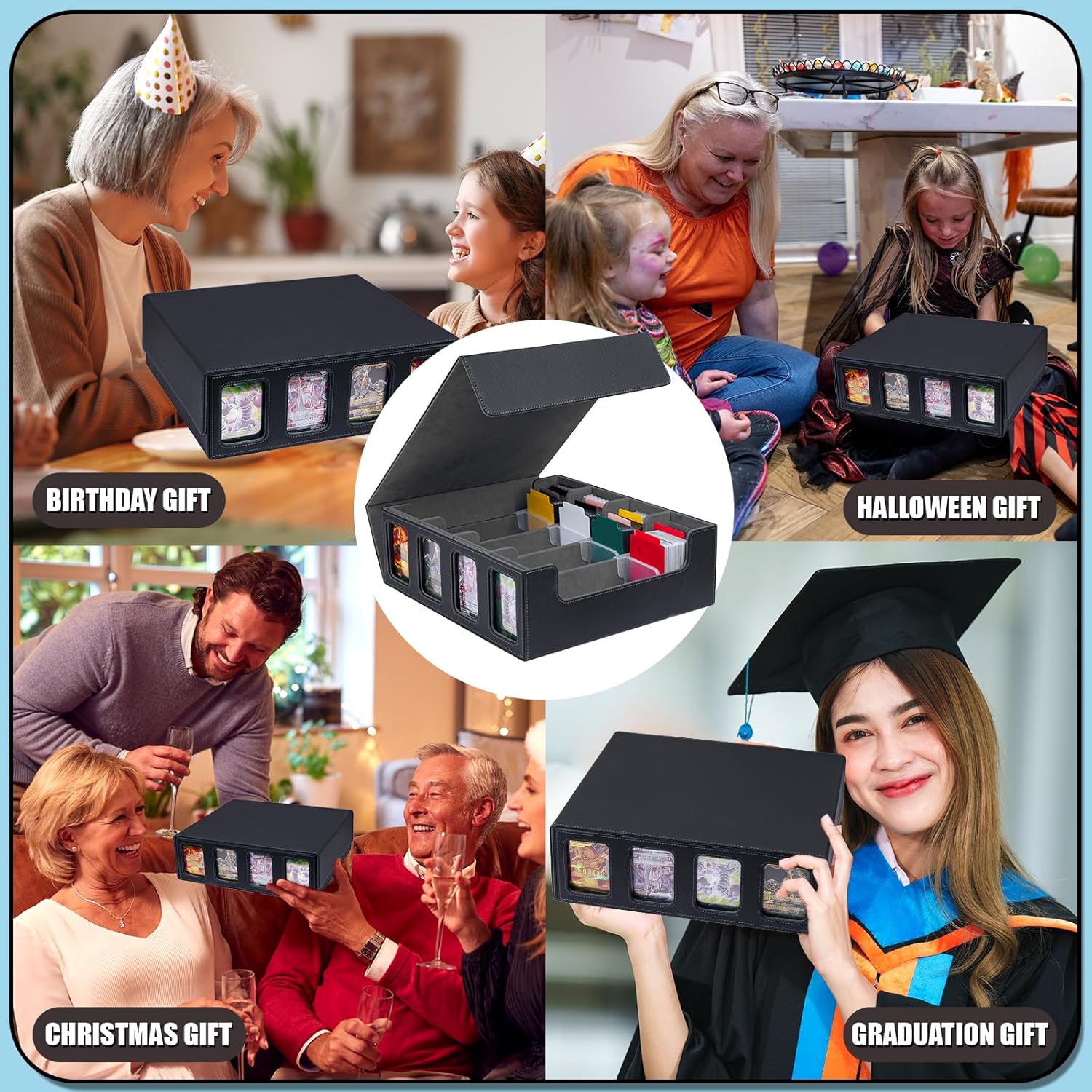 3200+ Trading Card Storage Box, MTG Commander Deck Box with Window Dice Tray, 4 Card Sleeves & 4 Supporters & 30 Dividers, Black Grey