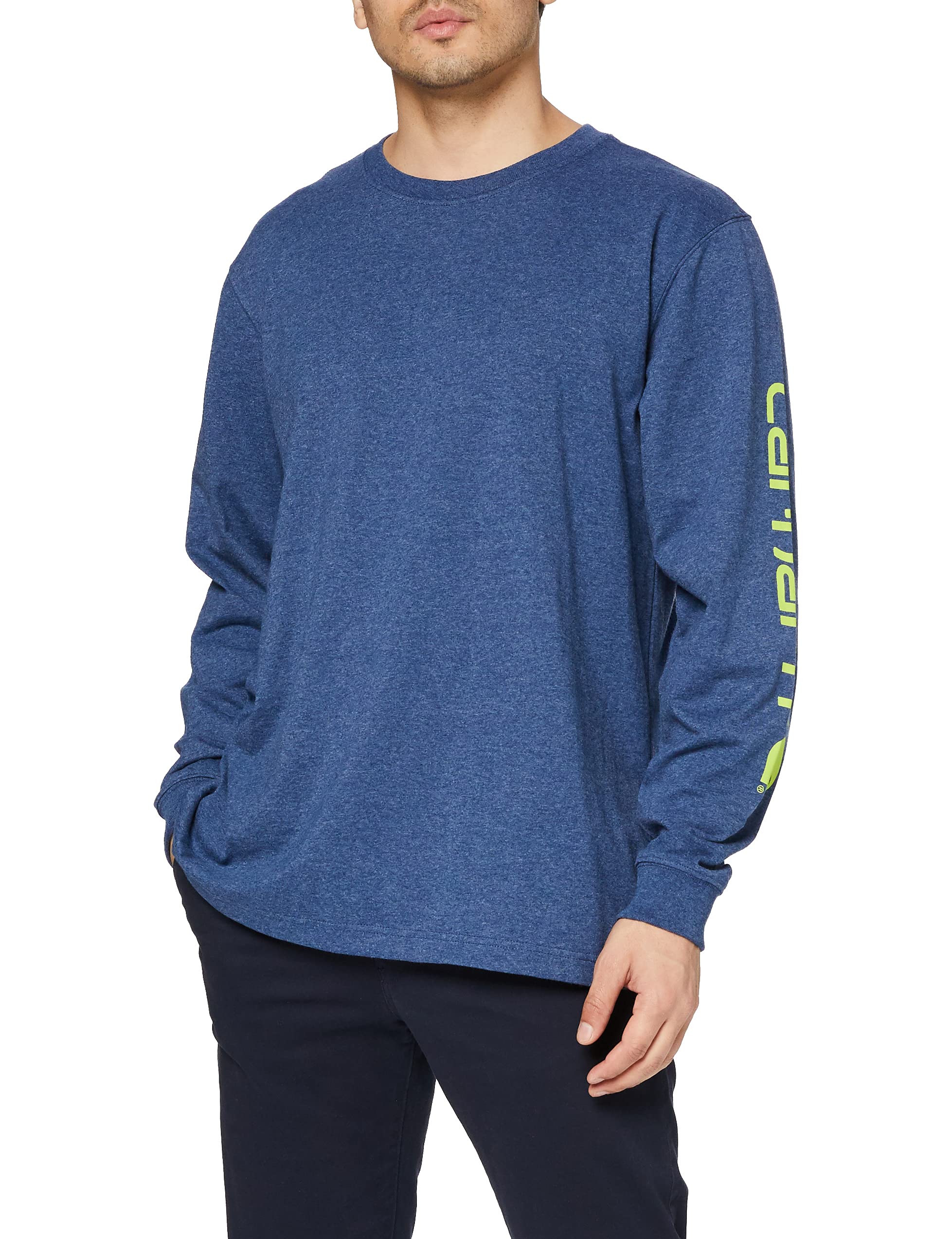 Men's Relaxed Fit Heavyweight Long-Sleeve Logo Sleeve Graphic T-Shirt, Dark Cobalt Blue Heather, M