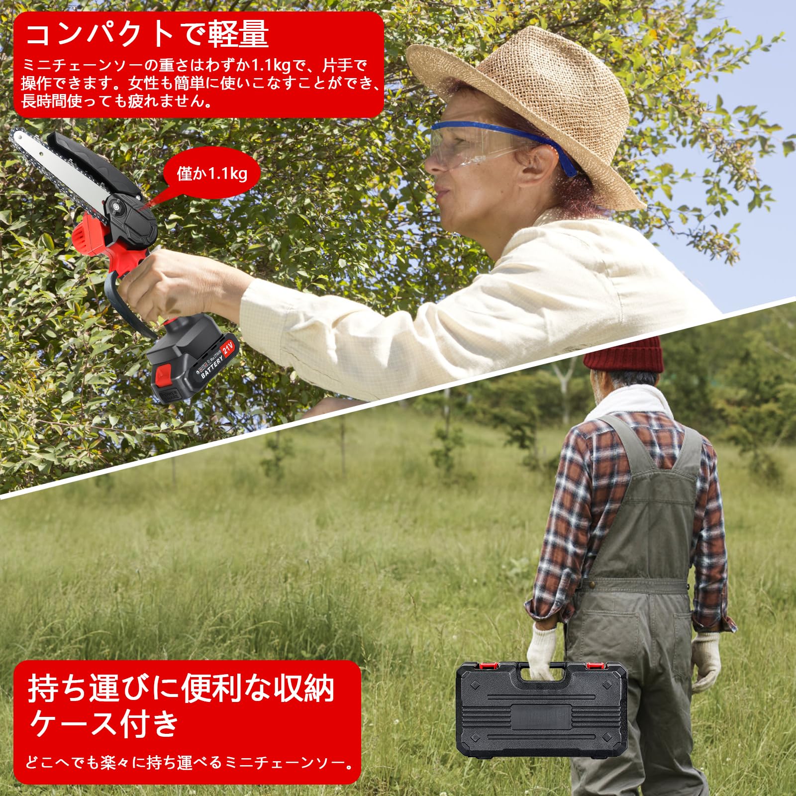 チェーンソー 充電式 4インチ+6インチ コードレス 電動のこぎり 21V ミニチェーンソー PSE認証済み 2000mAh大容量バッテリ2個付 片手操作 2セットのガイドバーと3つのマンガン鋼チェーン 収納箱付き 安全ロック 軽量 切断直径70mm~150mm 木工切断 農業 園芸用 枝切り伐採 日本語取扱説明書付 Amazon | 【改良強化版】チェーンソー 充電式 4インチ+6インチ