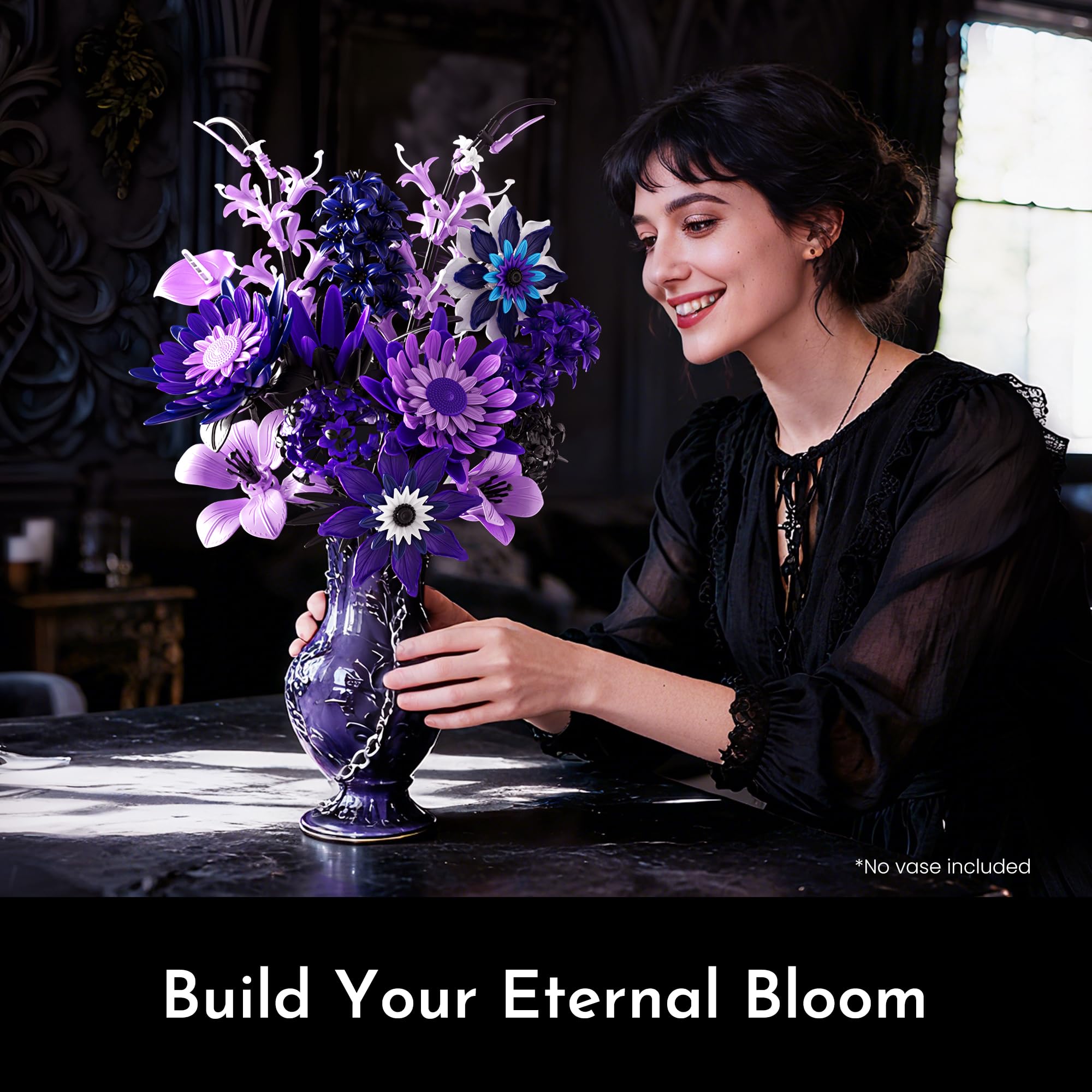 SOOLIO Mothers Day Dahlia Flower Bouquet Building Set for Adults,Gift for Mom Women Girlfriend Wife Gothic Botanical Collection - Buildable Purple Artificial Floral for Home or Office Decor (609 PCS)