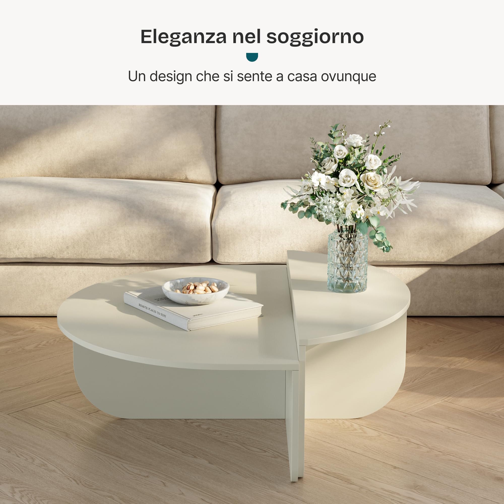 [en.casa] Tavolino da Caffé con 2 Piani Semicircolari di Diverse Misure e Altezze Tavolo Basso Centrale da Salotto per Soggiorno Sala 90 x 90 x 35 cm - Color Sabbia