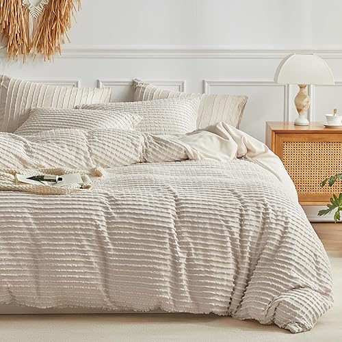 WARMDERN Boho Duvet Cover Set Queen Size,Khaki Striped Duvet Cover Microfiber Bedding Set,3PCS Ultra Soft Breathable Lightweight Tuft Texture Pattern Duvet Covers with Zipper Closure(Khaki,Queen)