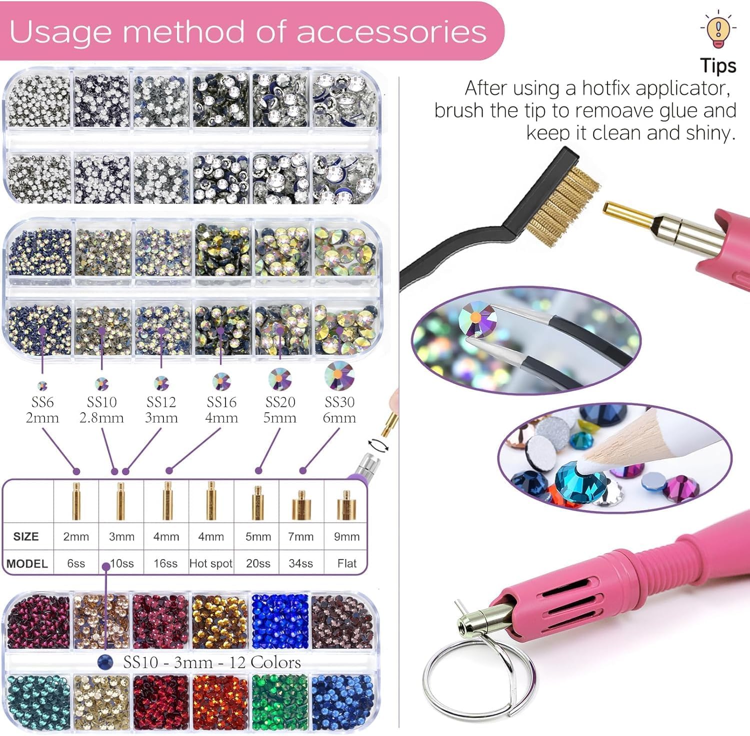 Hotfix Rhinestones Applicator Kit with 4500 Crystals (White, AB, Multi-Color) Includes 19 Pattern Templates, Tweezers, Brush & Storage Bag for Clothes, Fabric, Jeans (Pink)
