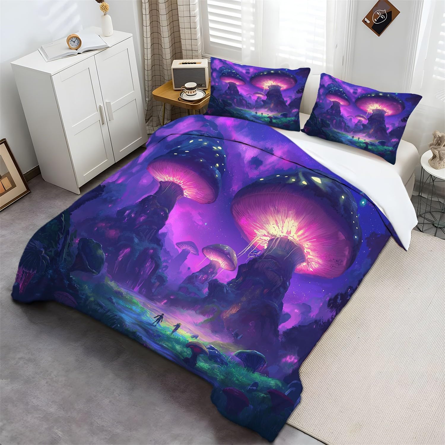 Fantasy Luminous Mushroom Bedding Set Microfiber Duvet Cover Set For Boys Girls Purple Pink Zipper Duvet Cover Set Soft 260x220cm