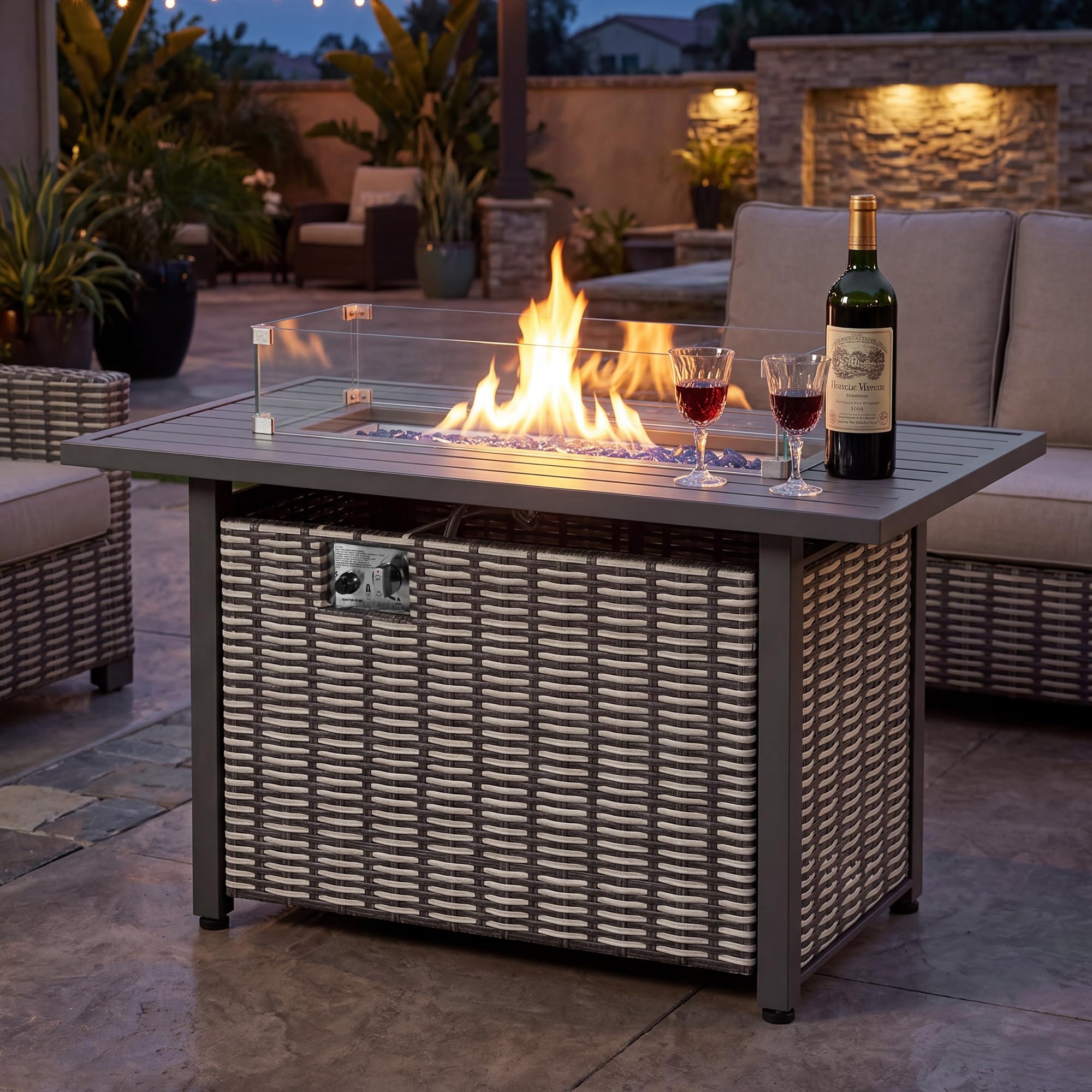 NUU GARDEN 43" Propane Gas Fire Pit Table, 50,000 BTU Rattan Outdoor Fire Pit, Gas Fire Pit Table with Lid, Cover, Glass Beads and Wind Guard, Metal Tabletop, Brown