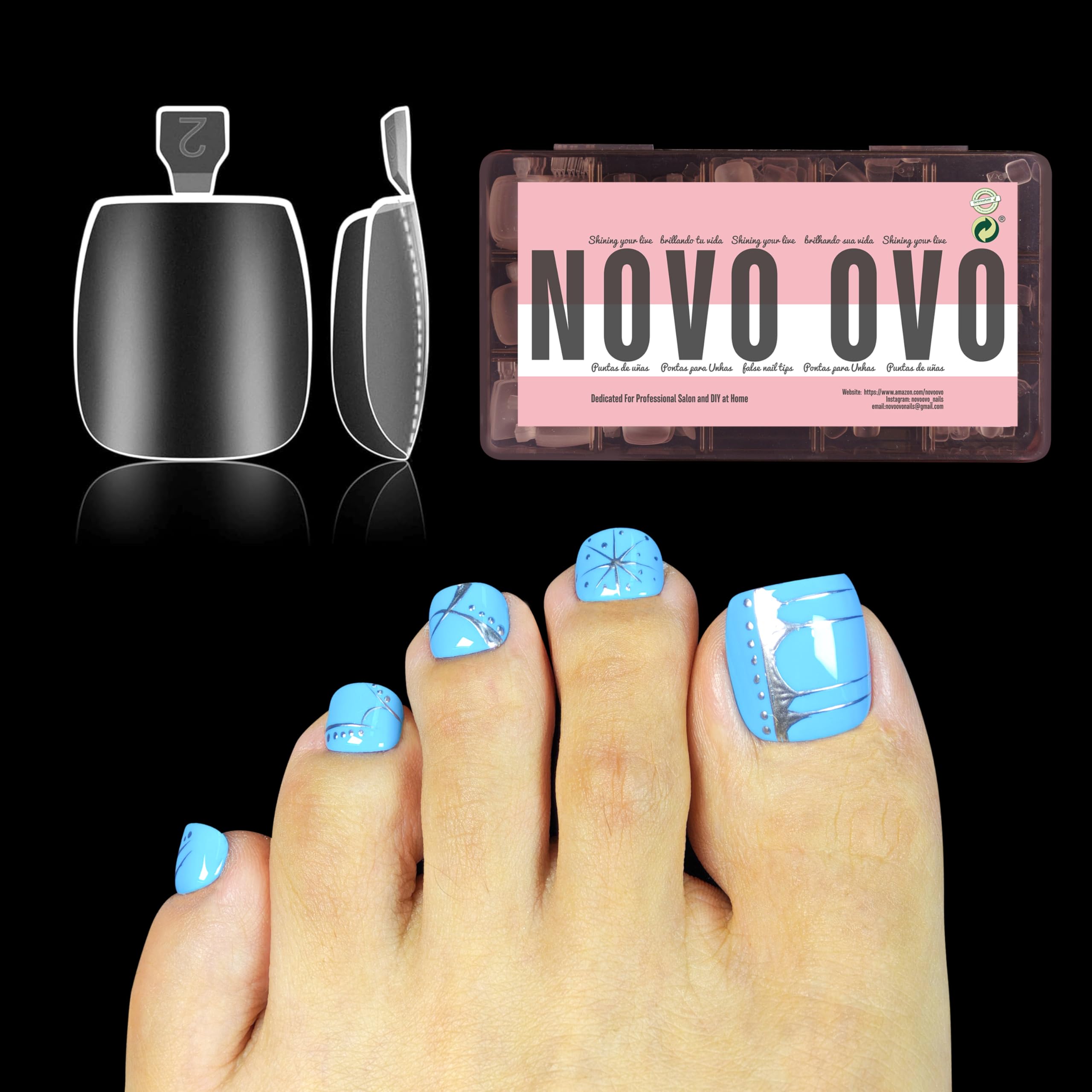 NOVO OVO Sculpted Toe Nail Tips Long Thick Tapered Square Press on, Extra Wide Soak off Soft Gel False Toenail Extension, Pre-applied Tip Primer &