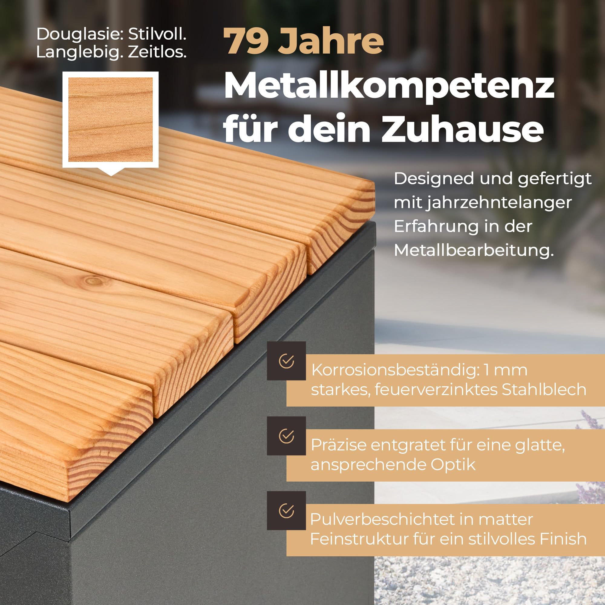 Holzlager Bank - Sitzbank mit Stauraum, feuerverzinktes, pulverbeschichtetes Stahlblech | Douglasie-Sitzfläche | Wetterfeste, Moderne Sitztruhe | Storage Bench | Made in Germany (90 x 50 cm)
