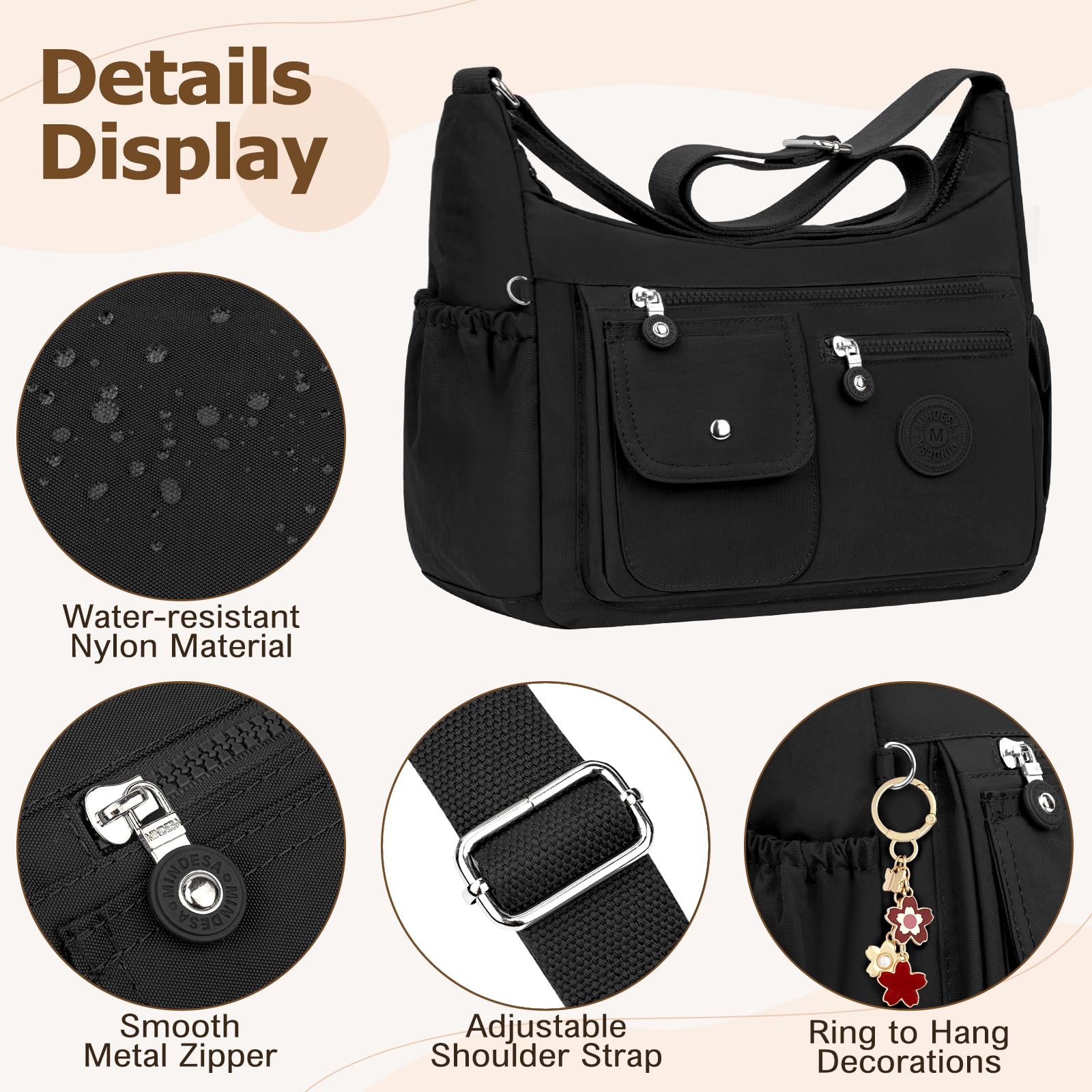 Bolso Bandolera Mujer Grande Nylon Bolso Cruzado Impermeable Bolsos Multibolsillos Crossbody Bag Mediano con Correa Ajustable Casual Bolsos de Mano para Escuela Viaje Trabaja