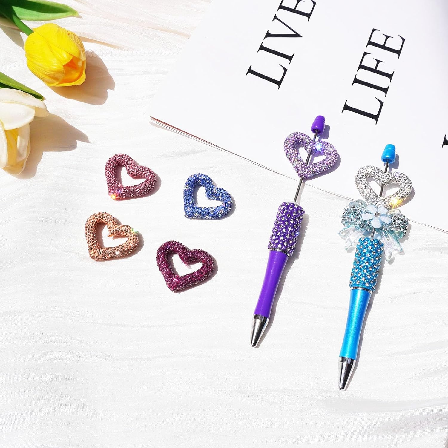 6 Pack Rhinestone Beads for Beadable Pens Metal Crystal Cute Loose Large Spacer Bead Charms for Jewelry Making Beadable Keychain Earring Necklace DIY Crafts Heart (Hollow Heart 6 Colors) - Image 9