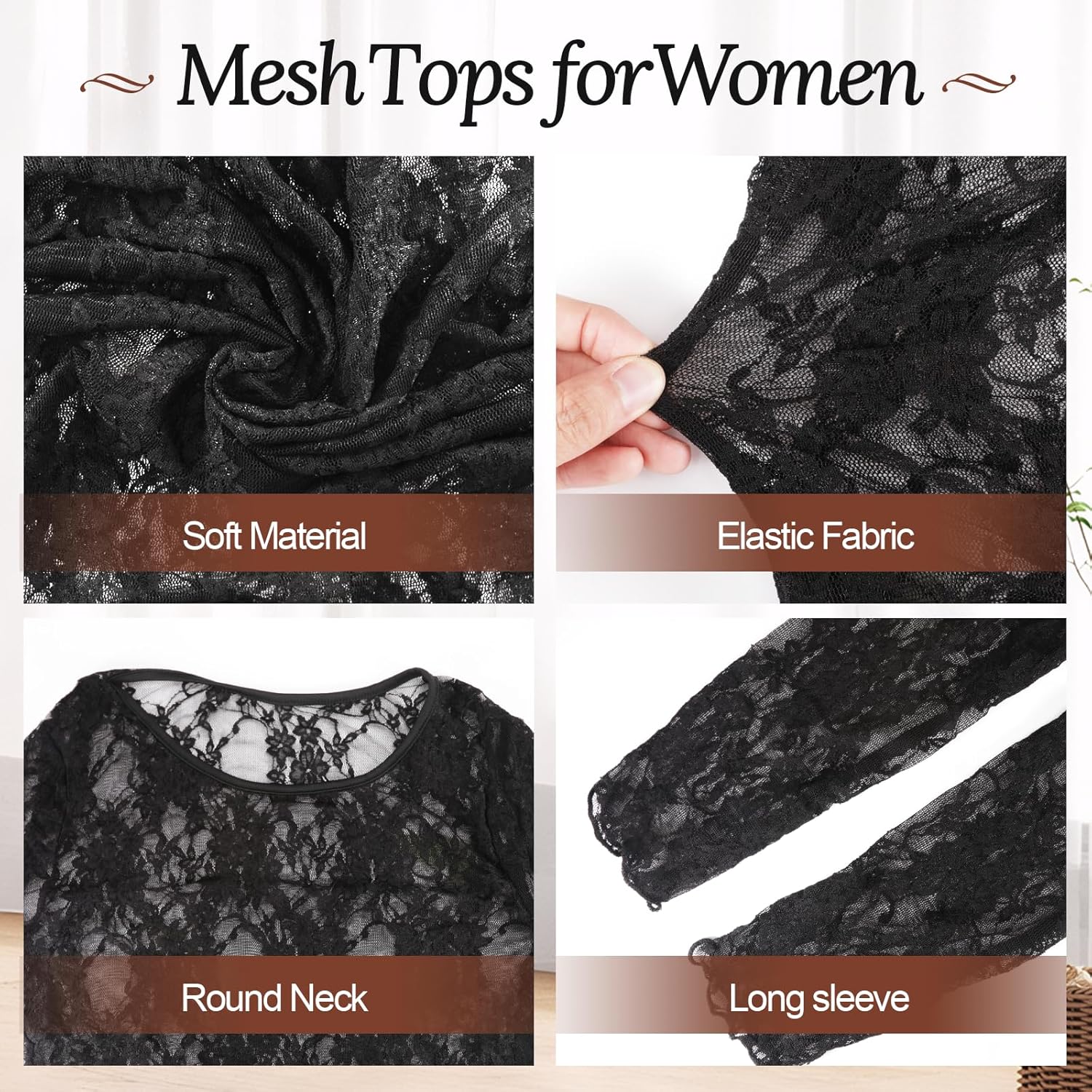 Womens Long Sleeve Mesh Tops Sexy Crewneck Sheer Lace Shirts Party Club Night See Through Blouses - Image 3