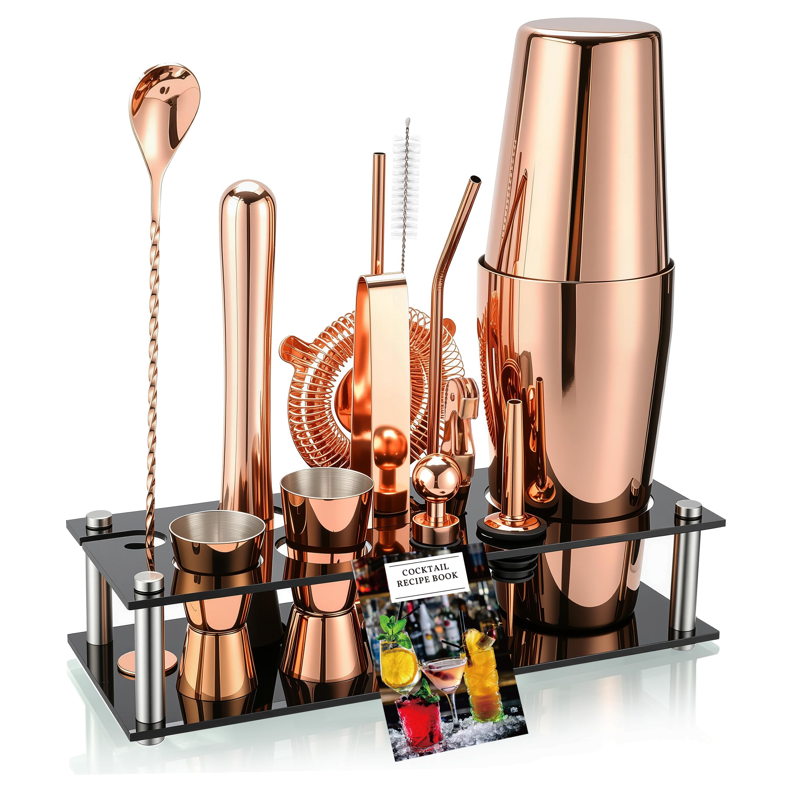 Boston Cocktail Shaker Set, 18 oz &amp; 28 oz 2-Piece Tins, 304 Bartender Kit 15-Piece Bar Tool Set with Acrylic Stand &amp; Recipe Book, for Novices &amp; Pros, Home and Bar Use (Rosegold)