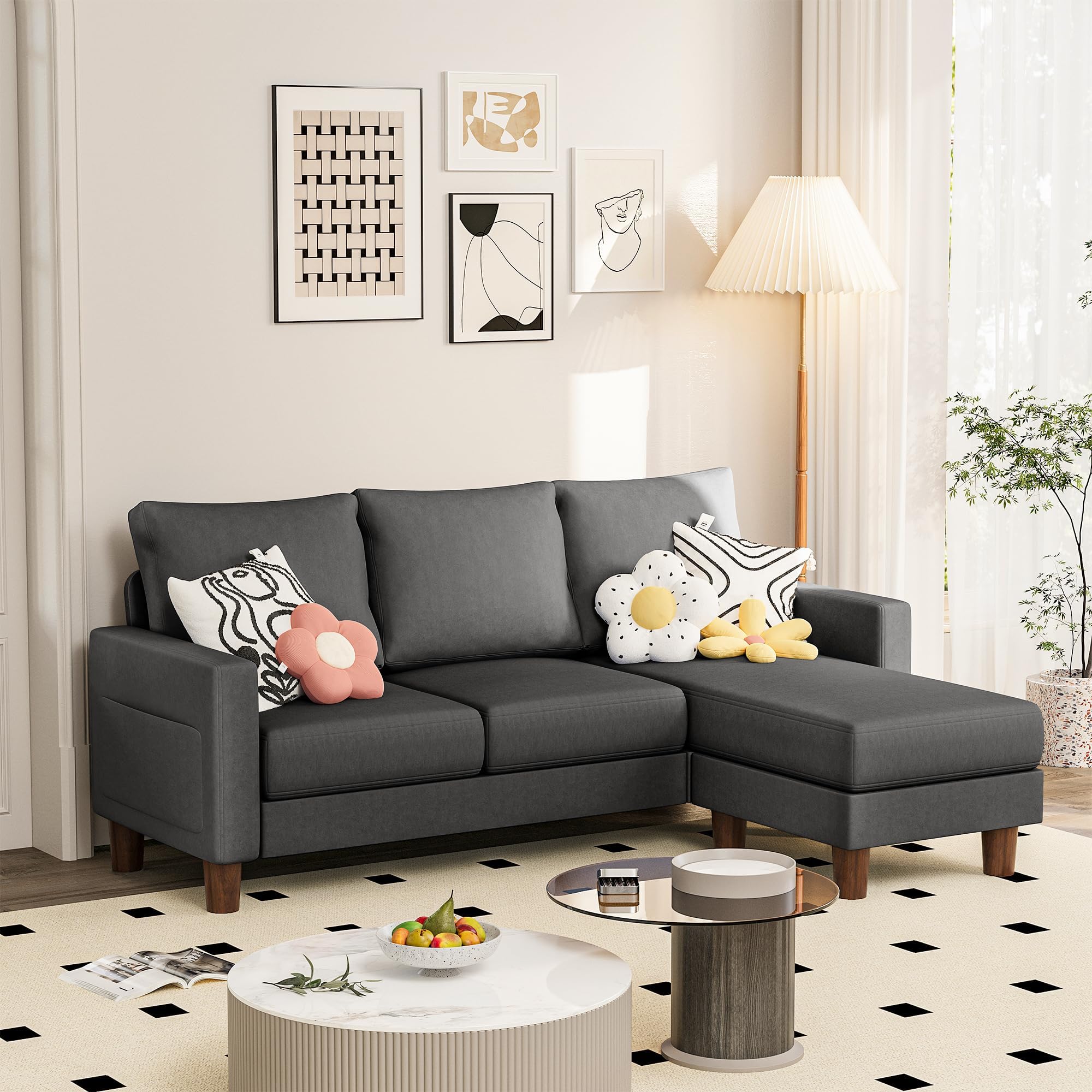 JUMMICO Couch for Small Living Room, 72" Small Sofa with Reversible Ottoman, 3 Seat L-Shaped Sofas, Comfy Couches for Apartment (Linen Fabric, Dark Grey)