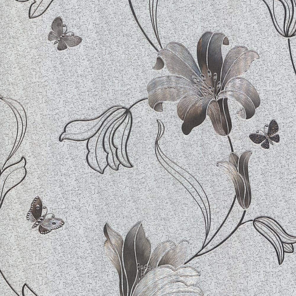 Muriva Amilia Floral Flowers Metallic Butterfly Butterflies Wallpaper Embossed Vinyl Foiled 10m Roll [Silver Gun Metal 701414]