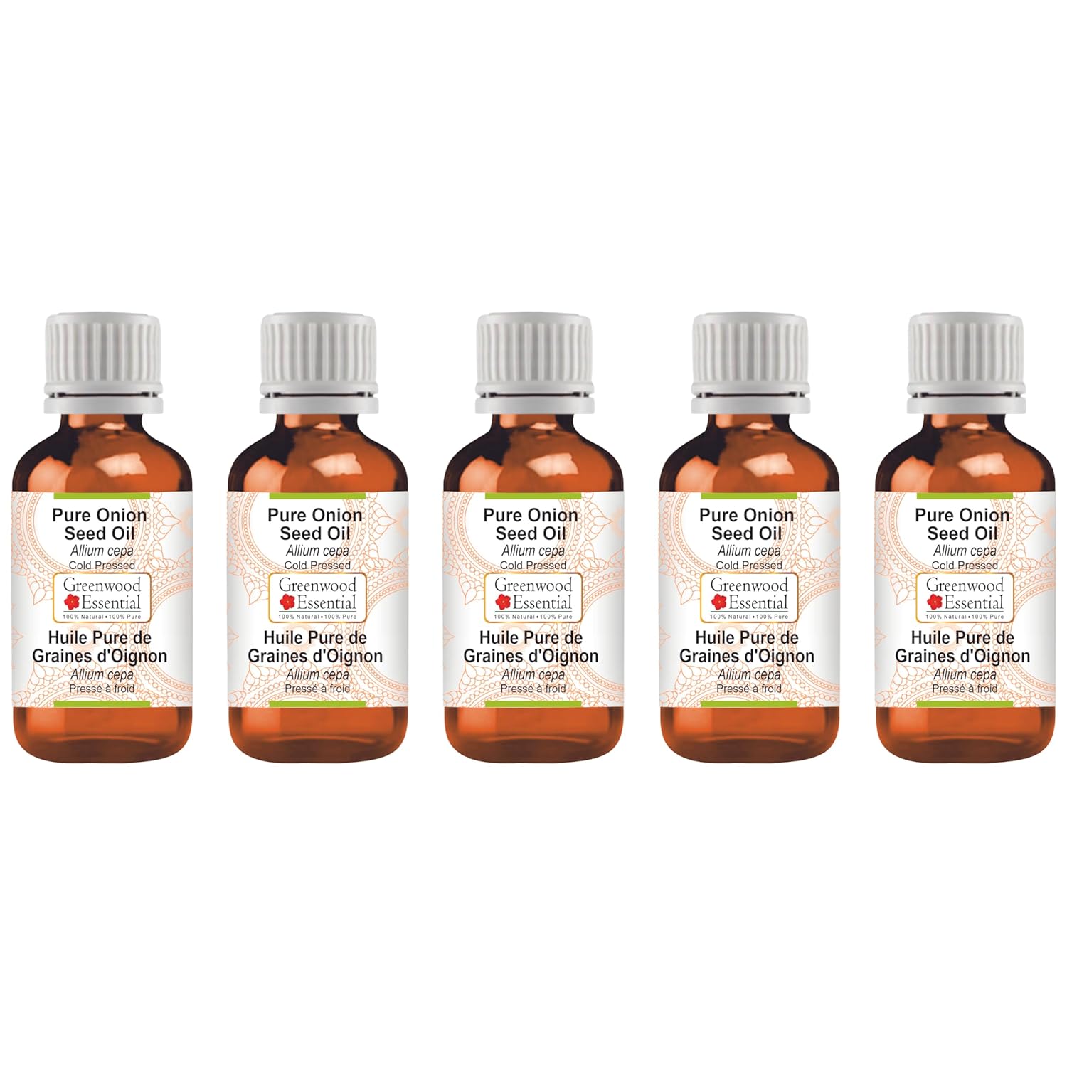 Greenwood Essential Pure Onion Seed Oil (Allium cepa) Cold Pressed (Pack of Five) 100ml X 5 (16.9 oz)