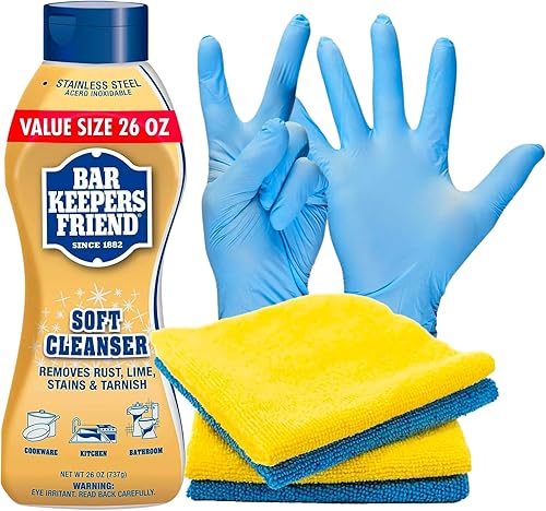 ZonVizo Productos esenciales de limpieza para el hogar Bar Keepers Friend Limpiador suave (26 onzas) guantes de nitrilio y toallas de microfibra, disponible en Yaxa Colombia