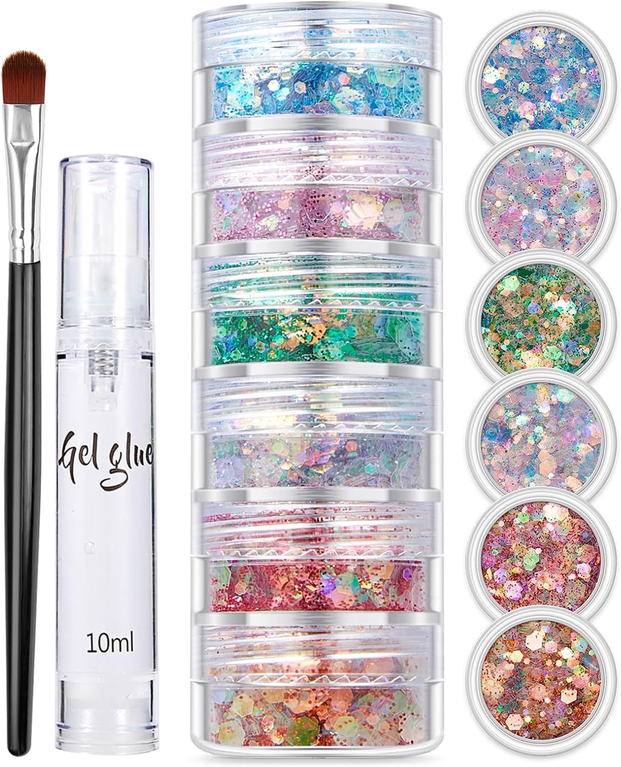 Body Glitter set, 6 kleuren, festival glitter gezicht voor feestelijke verkleedpartijen, dikke pailletten, fijne glitterpoeder voor nagels, ogen, lippen, haar, lichaam, kleurrijke make-up