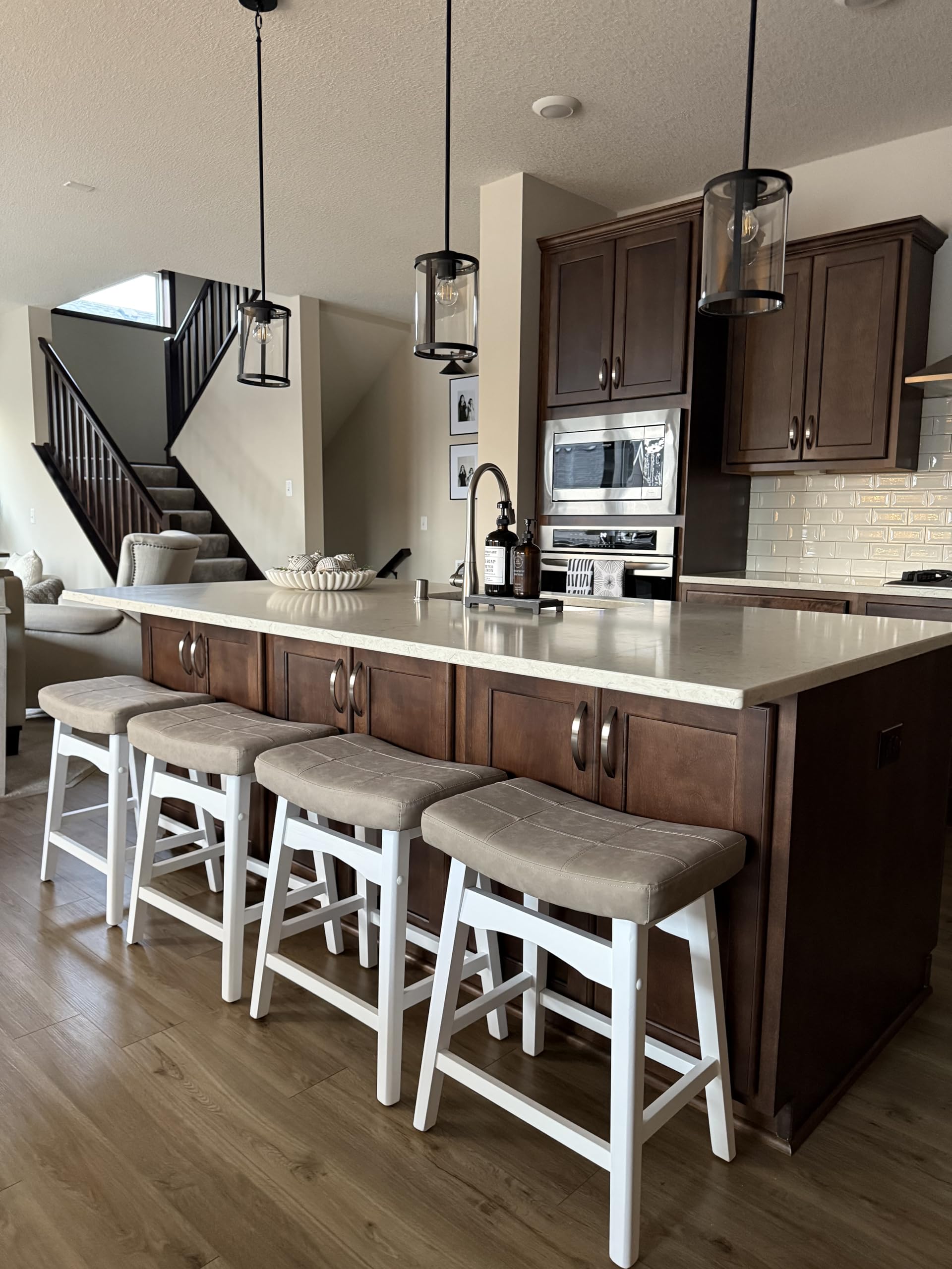 PHI VILLA Bar Stools Set of 4 - Solid Wood Legs Counter Height Barstools with Upholstered Saddle Seat, 24 inch Kitchen Counter Island Stools