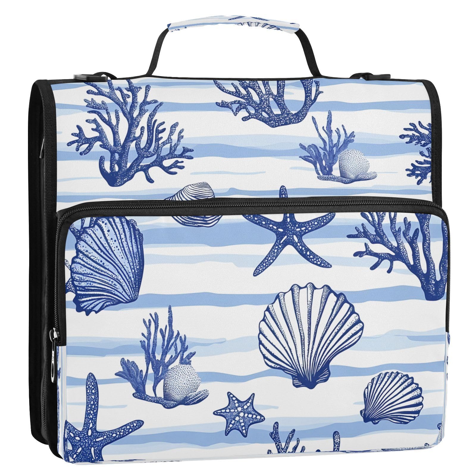 CEBUGI 3 Ring Zipper Binder with Shoulder Strap Multi-Pocket Portfolio Binder 1.5-inch D-Rings Expanding File Folder for School Office Blue Seashells