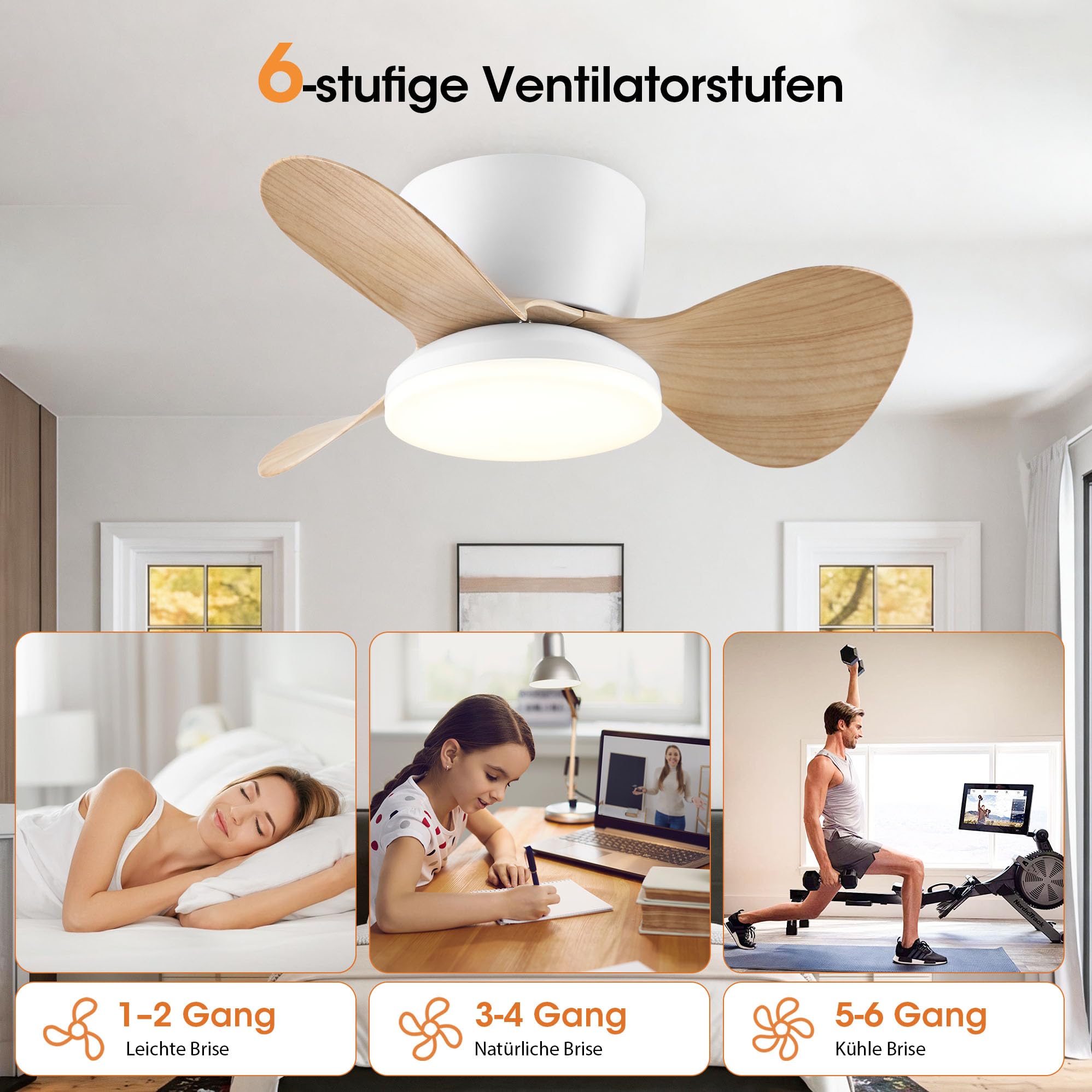 Parrot Uncle 61cm Ventilator Deckenleuchte, 3 ABS Flügel, 3 Farbtemperatur,6 Geschwindigkeiten Zeitschaltuhr,Sommer-Winter-Funktion,Fernbedienung Leise Dimm für Schlafzimmer Wohnzimmer, Holzmaserung