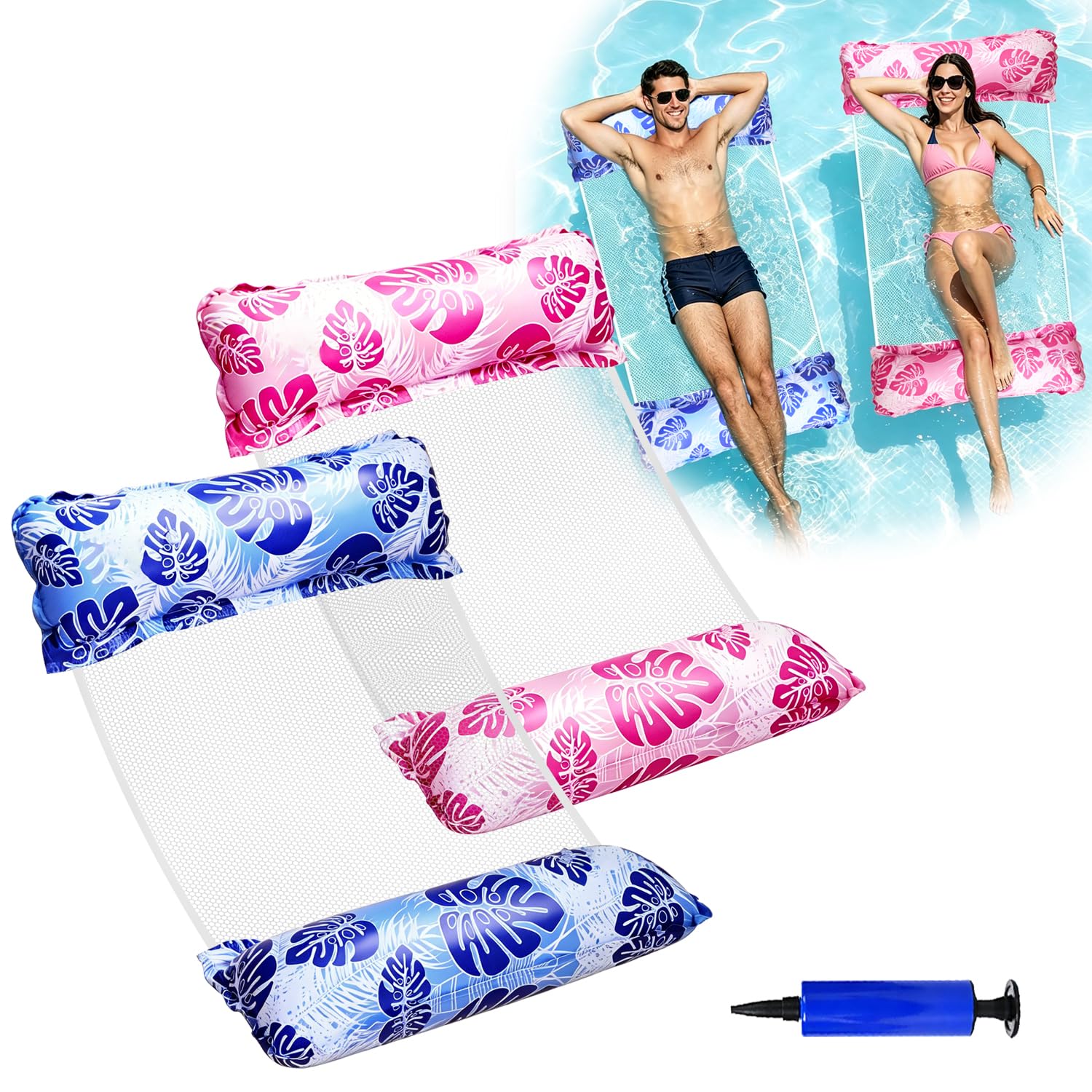 Qcdou Inflatable Pool Floats Hammock, Mesh Water Hammock, Pool Chair, Water Lounger with Manual Air Pump, Relaxing Swimming Water Floating Rafts for Adults(Dark Blue+Pink)