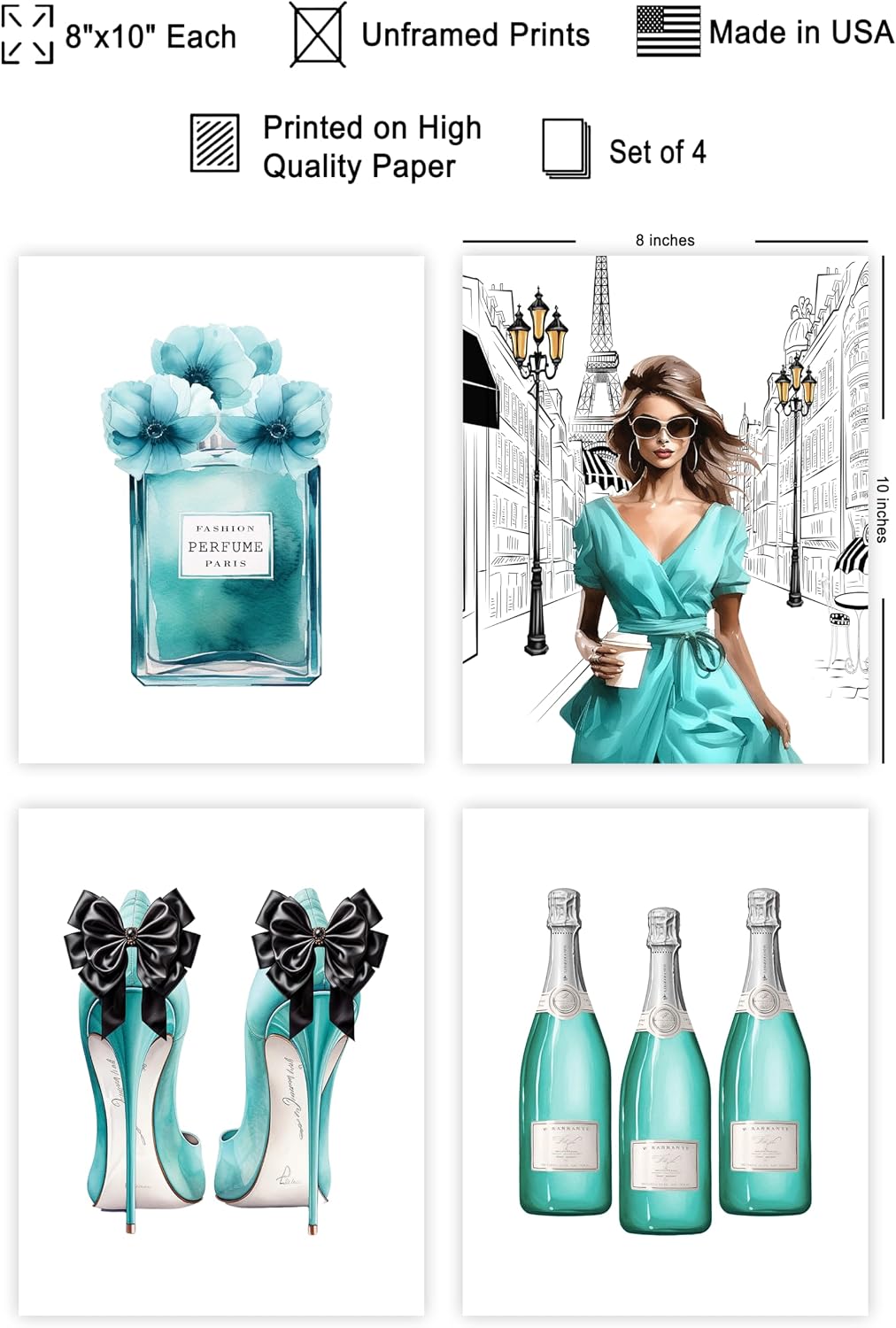 Poster Master 4-Piece Fashion Poster - Turquoise Blue Designer Print - Perfume Art - High Heels Art - Gift for Women & Fashionista - Glamour Decor for Bedroom or Girls Room - 8x10 UNFRAMED Wall Art