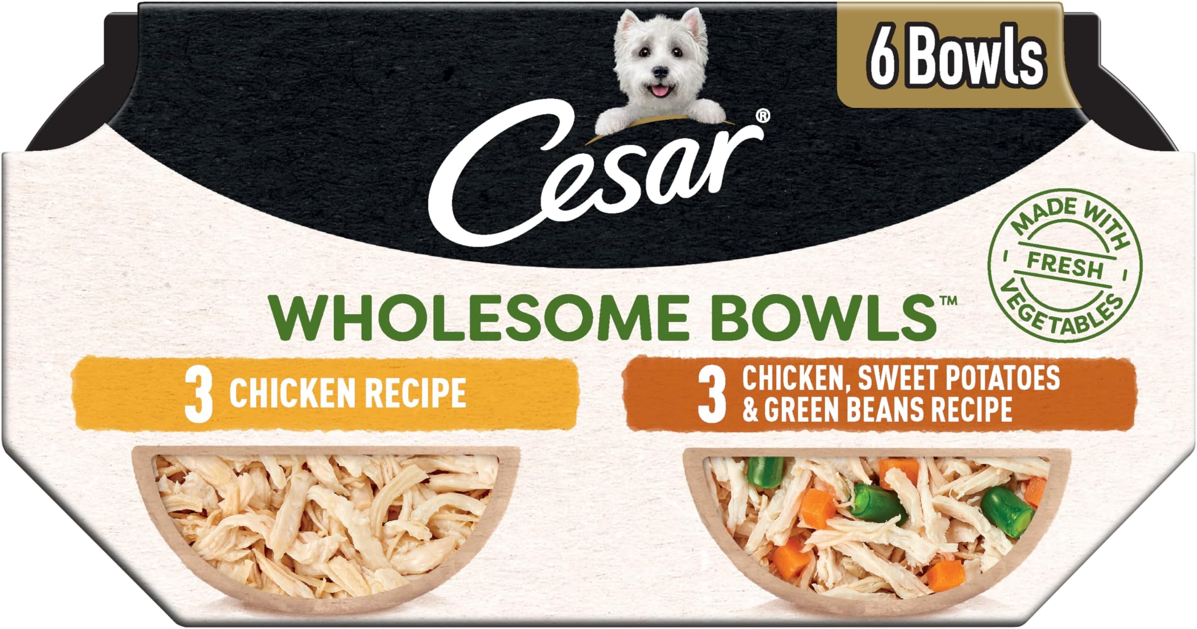 WHOLESOME BOWLS Adult Soft Wet Dog Food Toppers Variety Pack, Chicken Recipe and Chicken, Sweet Potato & Green Beans Recipe, (6) 3 oz. bowls