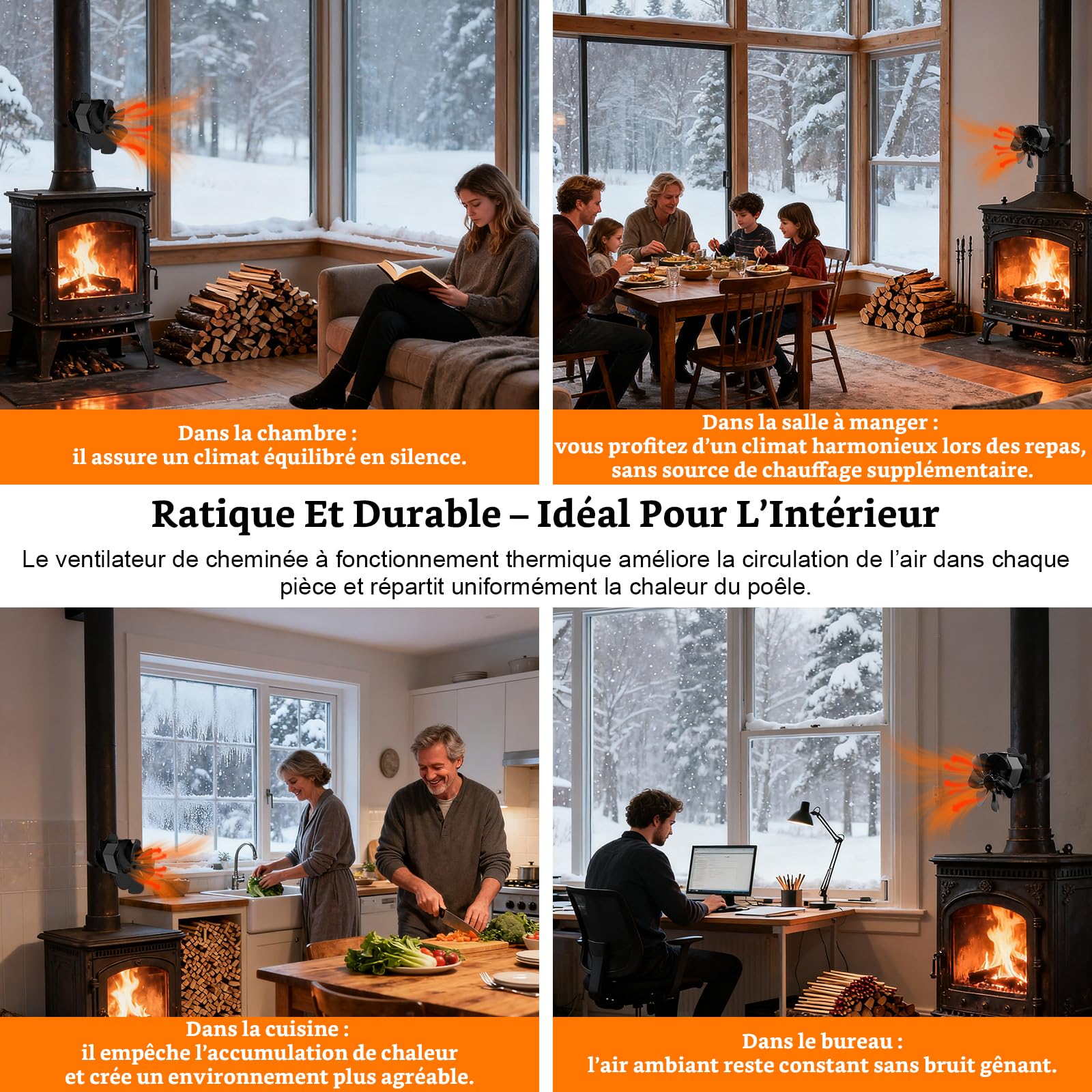 Ventilateur Poele à Bois 6 Pales avec Thermomètre, Ventilateur de Cheminée Alimenté Par la Chaleur pour Poêle à Bois/Cheminée/Gaz/Bûche/Tuyau de Poele(Grand)